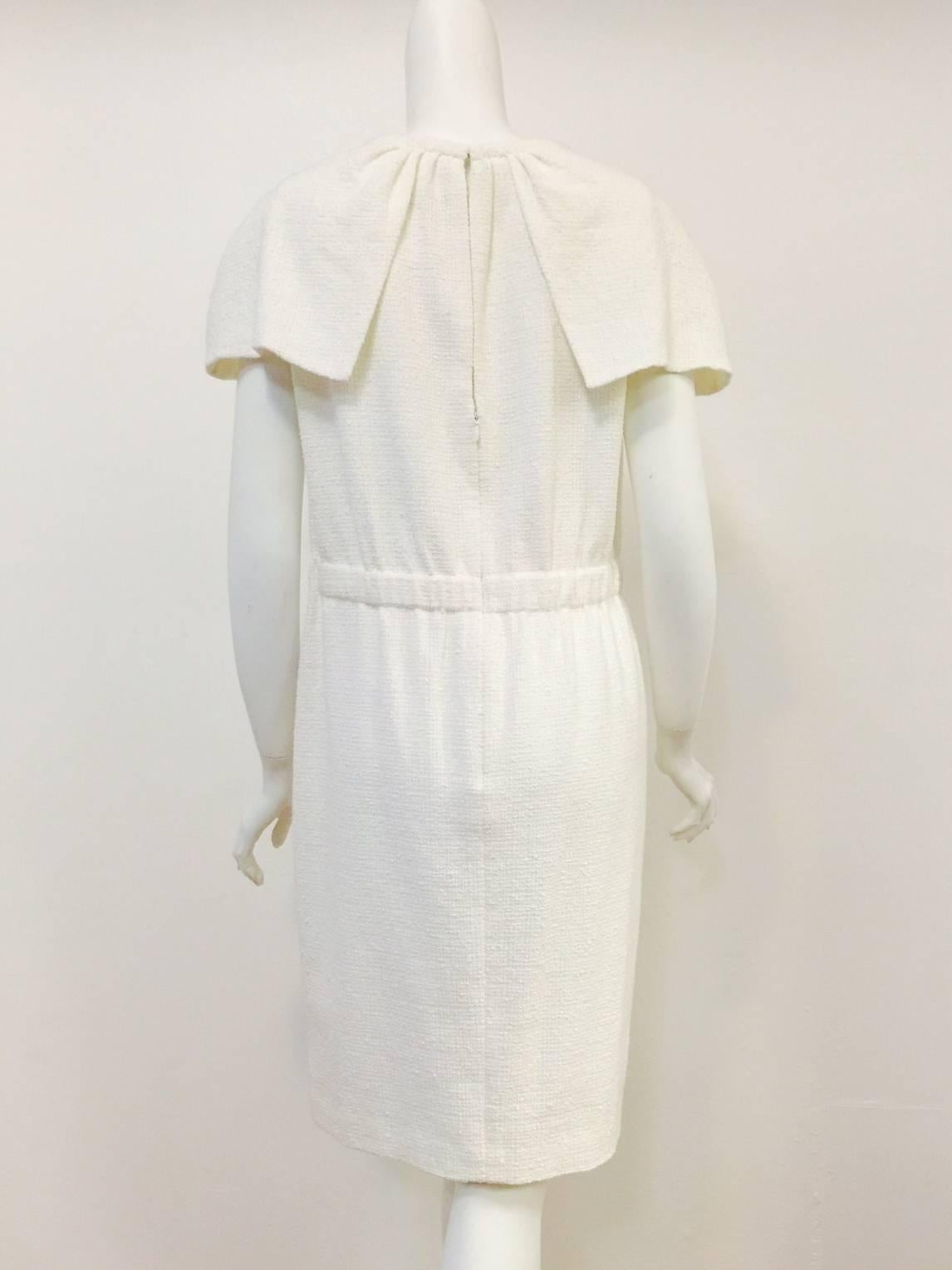 Gray Chanel Ivory Cotton Tweed Dress With Capped Sleeves and Banded Waist
