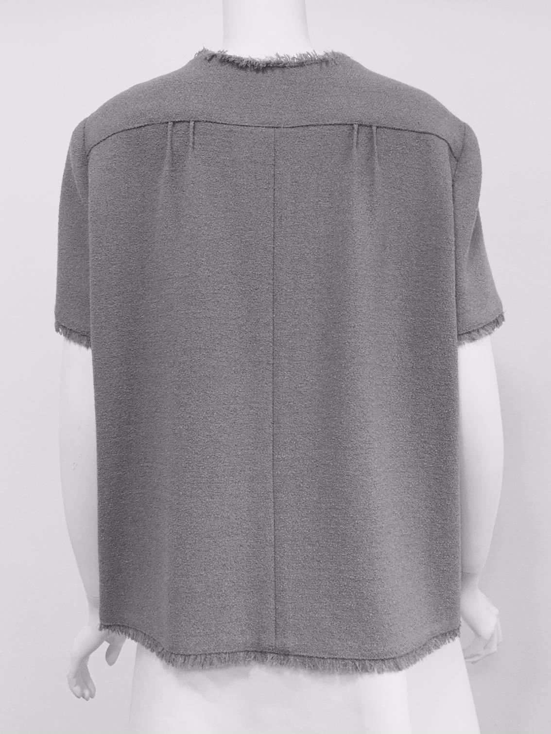 Gray Chanel Cruise 2008 Steel Grey Wool Short Sleeve Blouse With Chain Weight at Hem