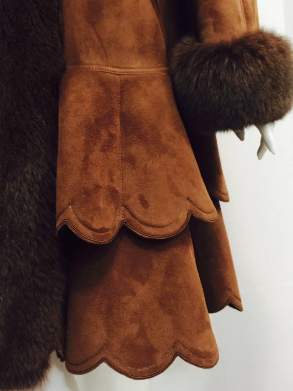 Women's Christia Cognac Shearling Swing Coat With Fox Trim and Scalloped Tiered Hem