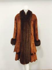 Christia Cognac Shearling Swing Coat With Fox Trim and Scalloped Tiered Hem