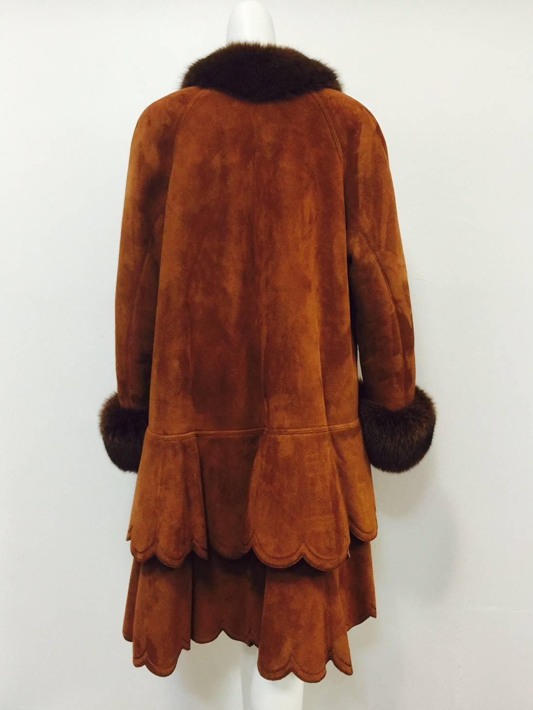 Christia Cognac Shearling Swing Coat With Fox Trim and Scalloped Tiered Hem In Excellent Condition In Palm Beach, FL