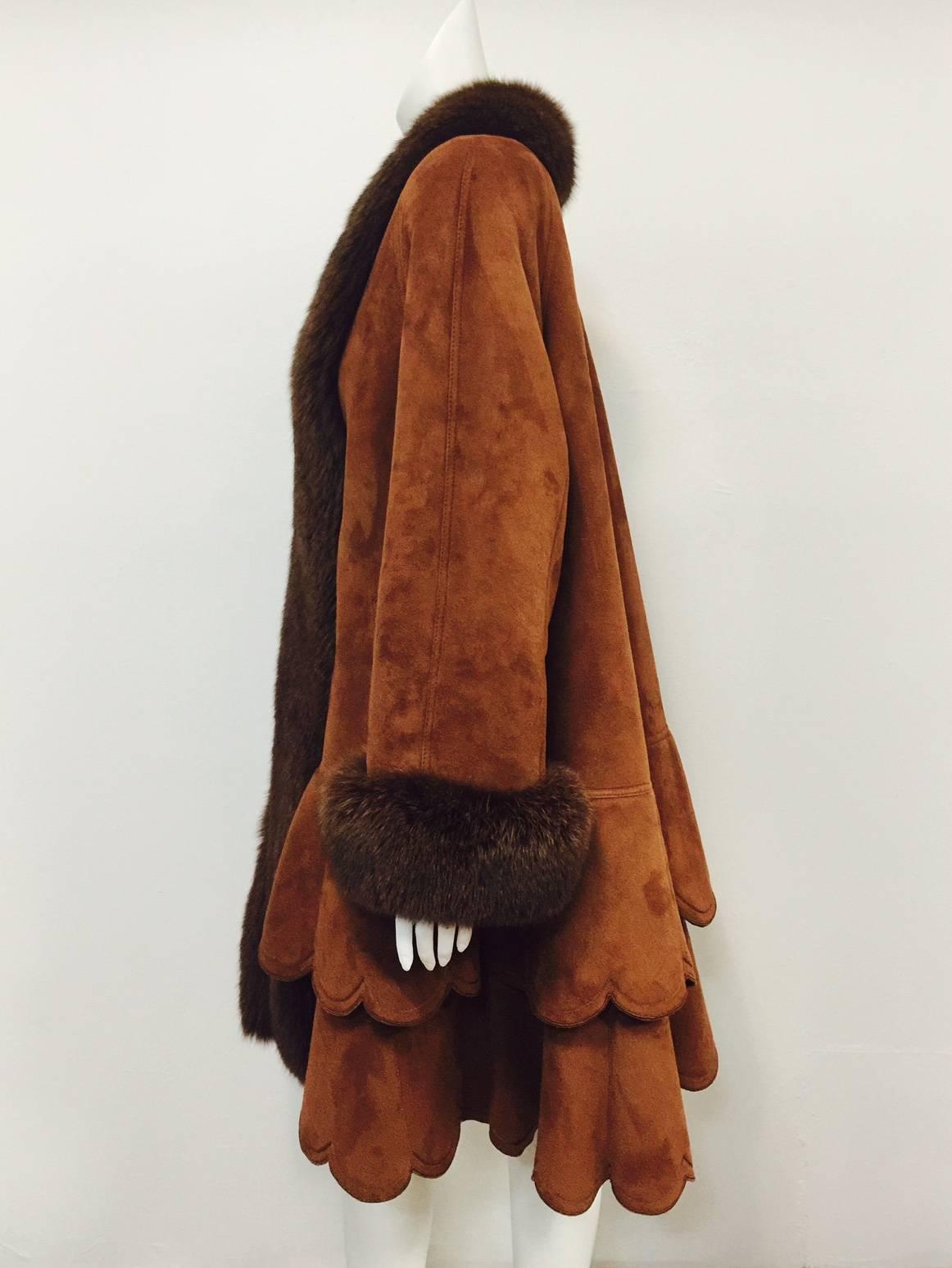 Black Christia Cognac Shearling Swing Coat With Fox Trim and Scalloped Tiered Hem