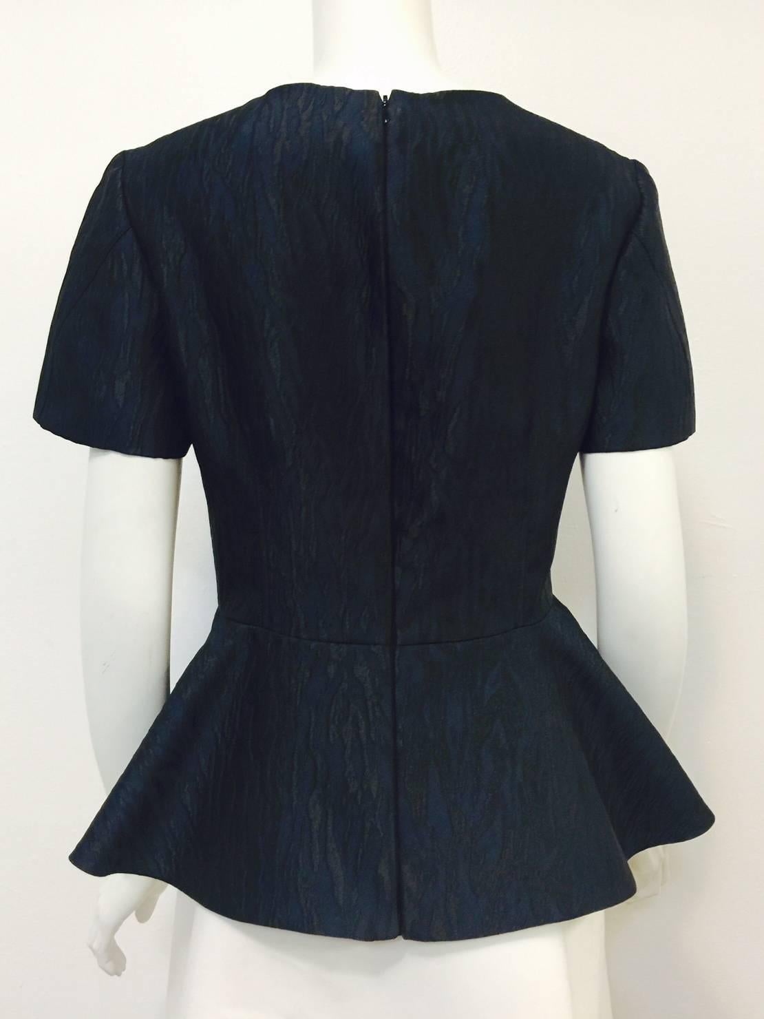 Alexander McQueen Black and Blue Brocade Blouse With Peplum Sz 46 In Excellent Condition In Palm Beach, FL