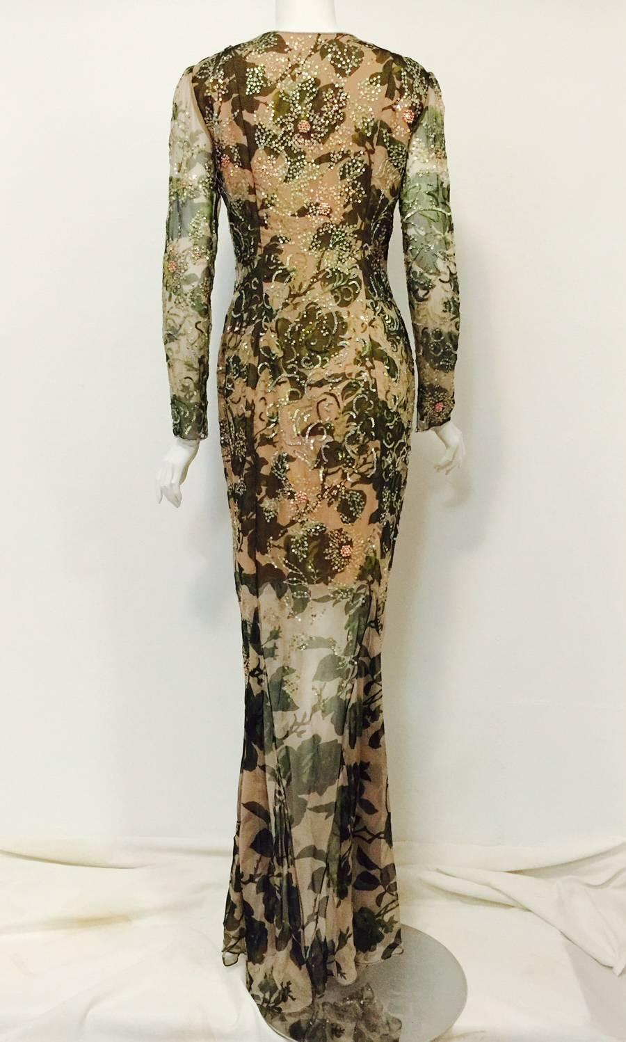 Brown Oscar de la Renta Long Sleeve Embroidered Floral Silk Evening Dress  For Sale