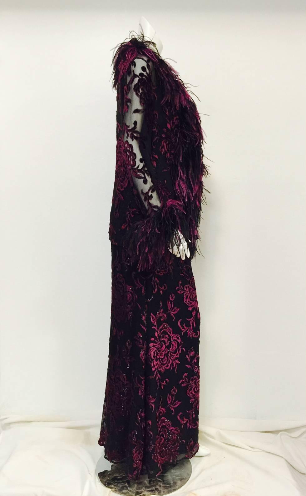 Women's Escada Couture Embroidered Silk Evening Dress With Ostrich Trimmed Jacket 