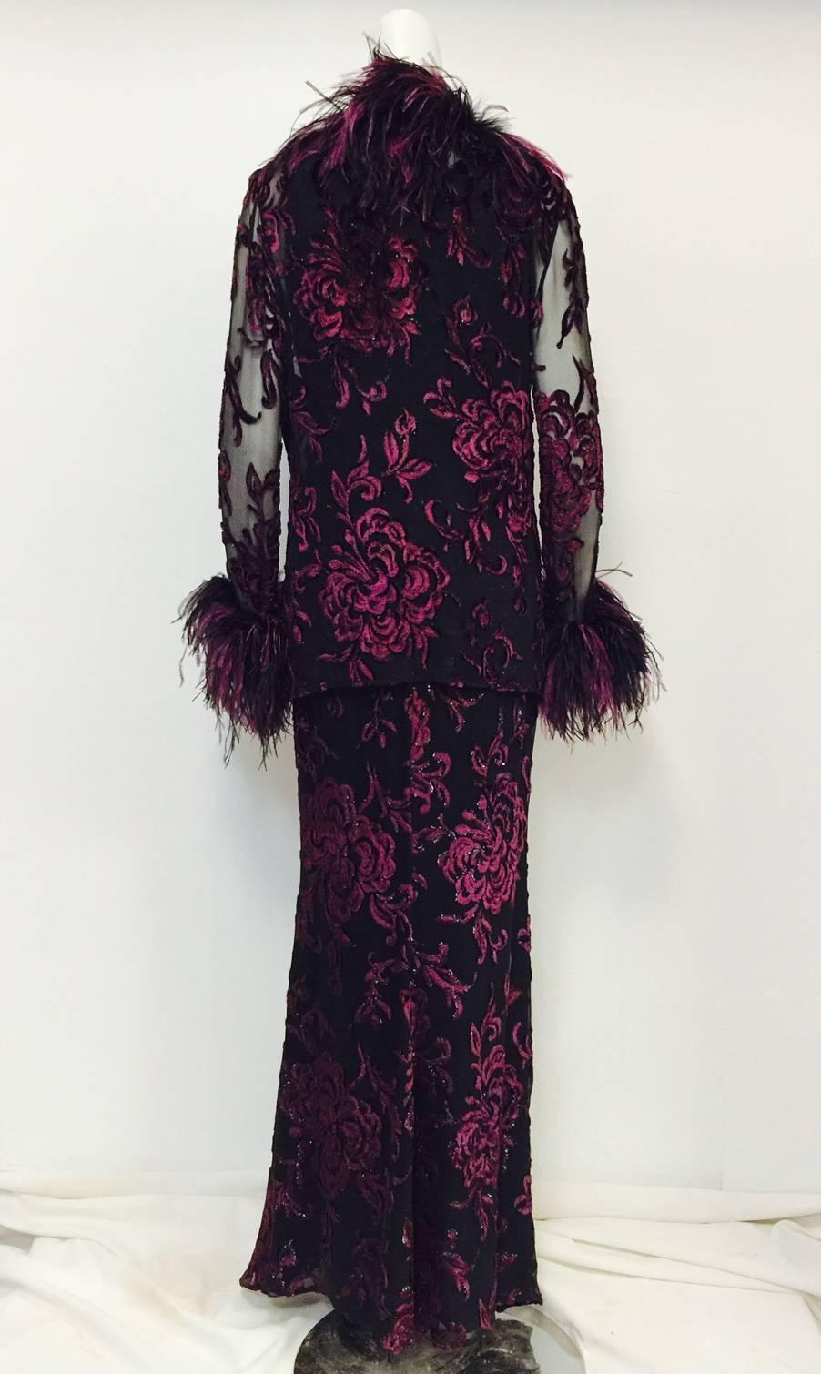 Black Escada Couture Embroidered Silk Evening Dress With Ostrich Trimmed Jacket 