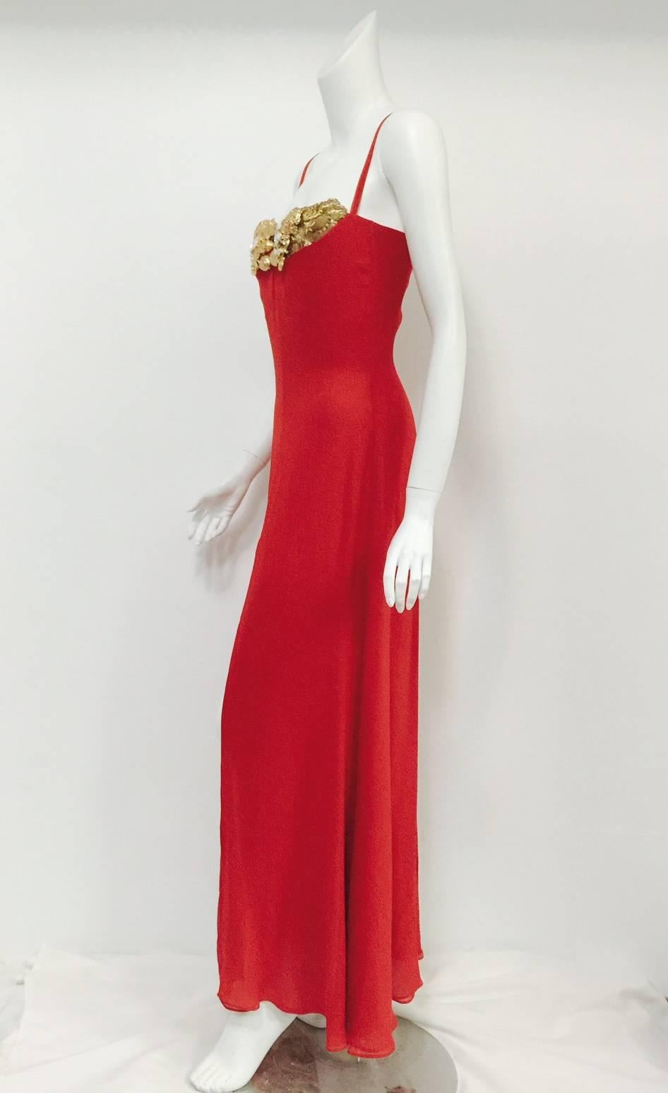 Ravishing Red Silk Evening Dress shows why Gianfranco Ferre was chosen  to design for Christian Dior Haute Couture in the early 1990s!   Features layers of exquisite silk, spaghetti straps, corset, and boning. Full skirt is enhanced with a seductive