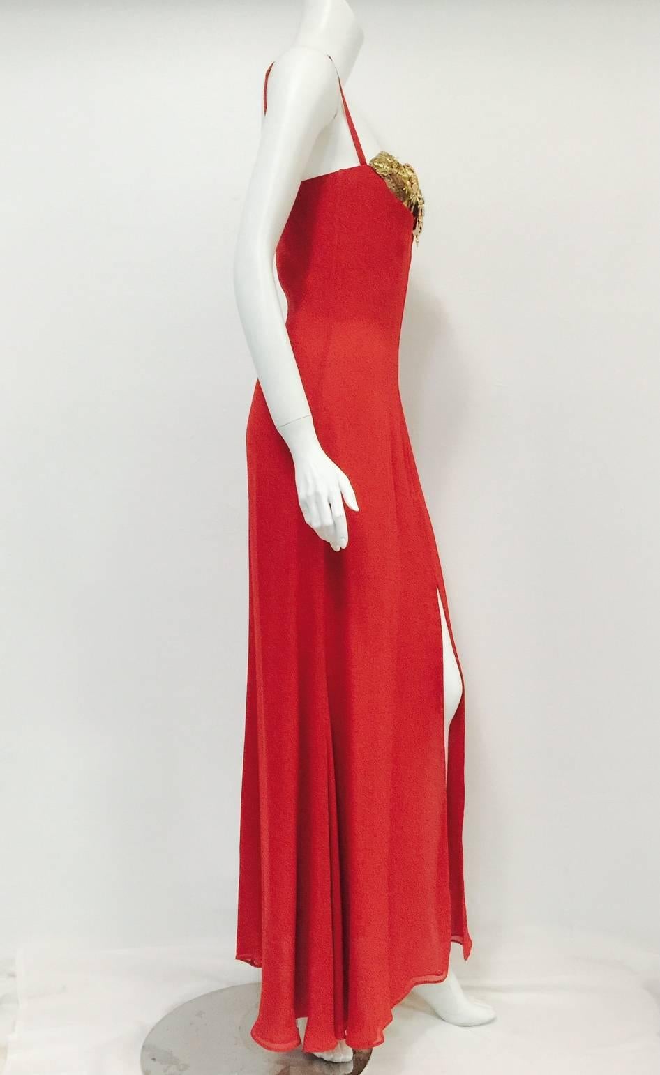 Women's 1990s  Gianfranco Ferre Red Silk Gown w. Gold Embroidery and Crystals For Sale