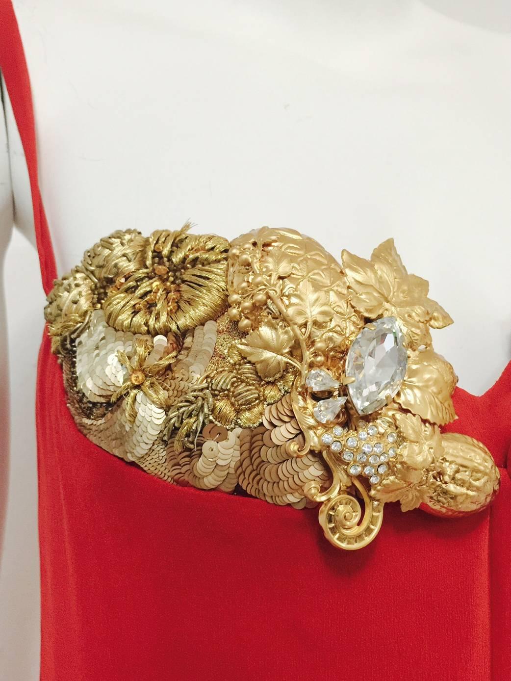 1990s  Gianfranco Ferre Red Silk Gown w. Gold Embroidery and Crystals For Sale 2