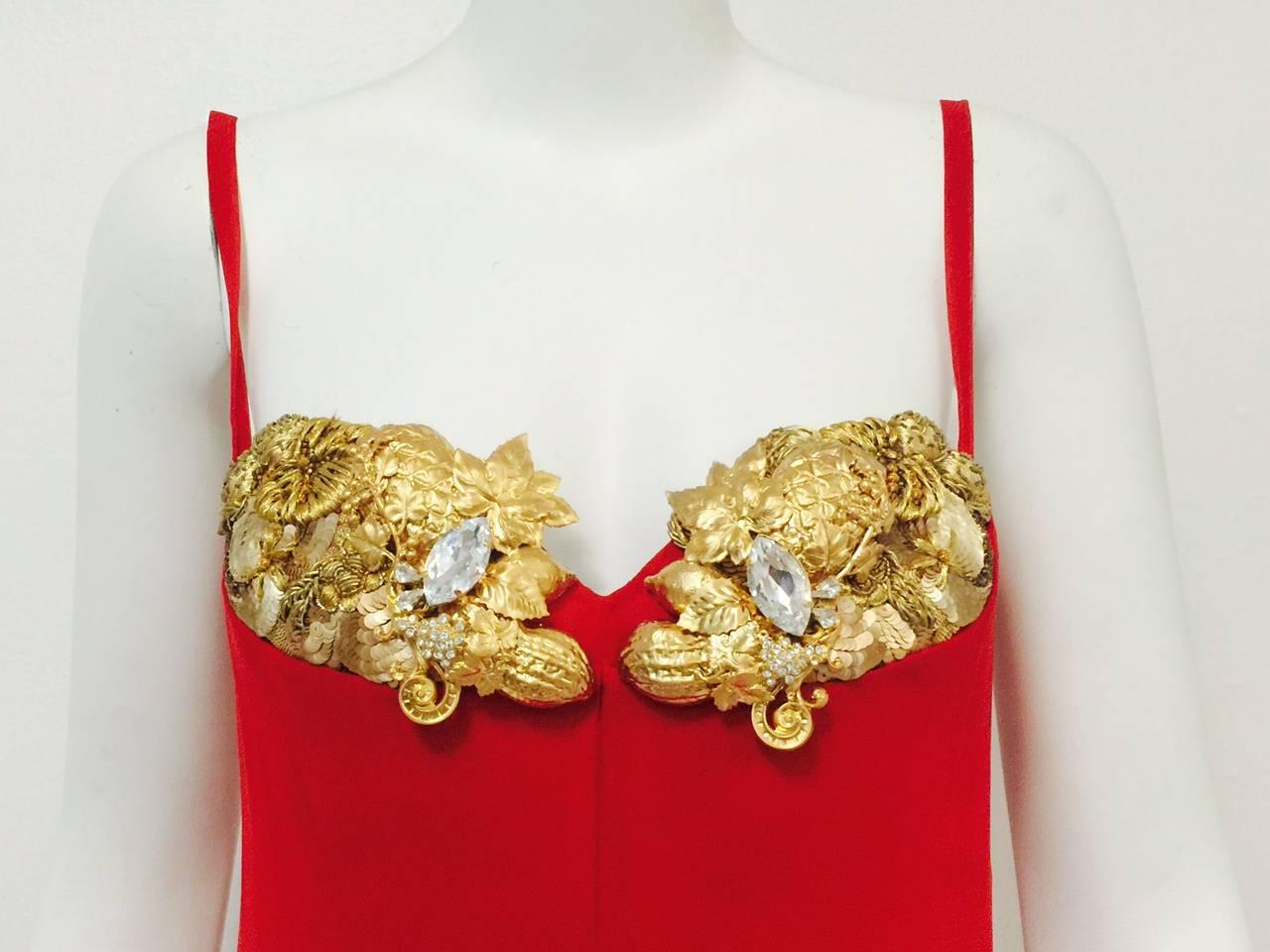 1990s  Gianfranco Ferre Red Silk Gown w. Gold Embroidery and Crystals In Excellent Condition For Sale In Palm Beach, FL