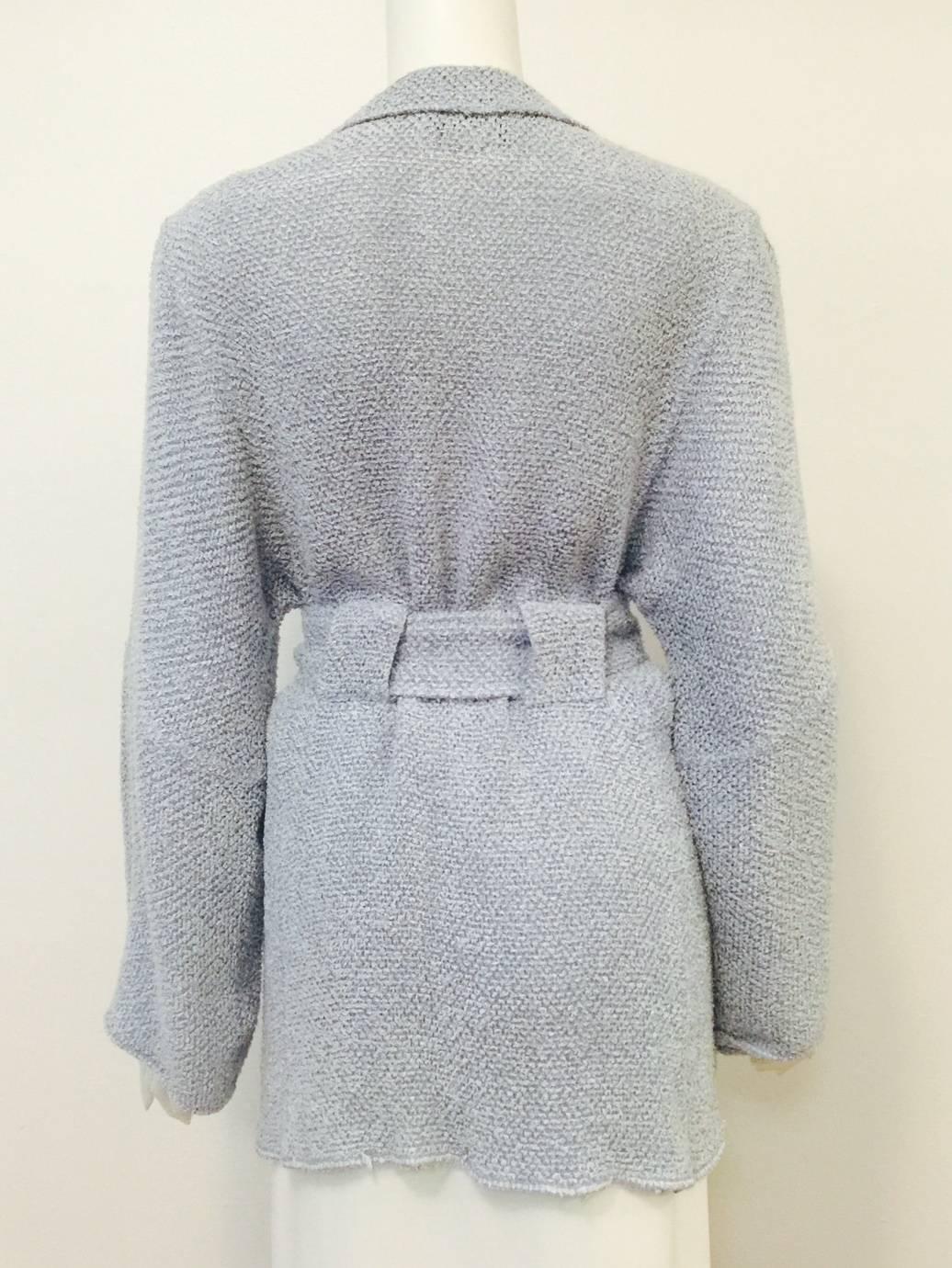 Gray Chanel Boutique Powder Blue Cotton Belted Cardigan