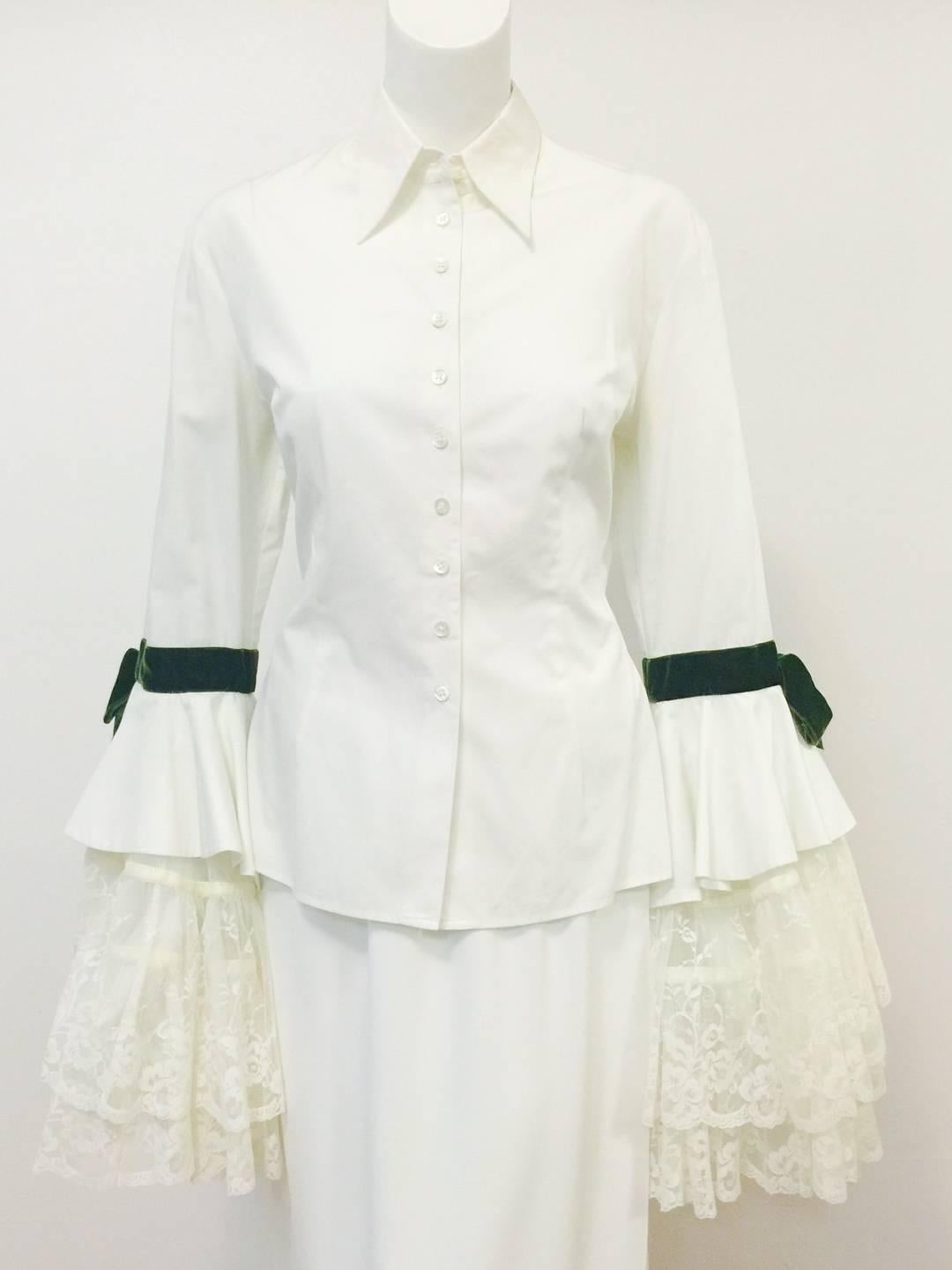 Beige Divine Dolce & Gabanna Brocade Vest & White Blouse With Lace Bell Sleeves