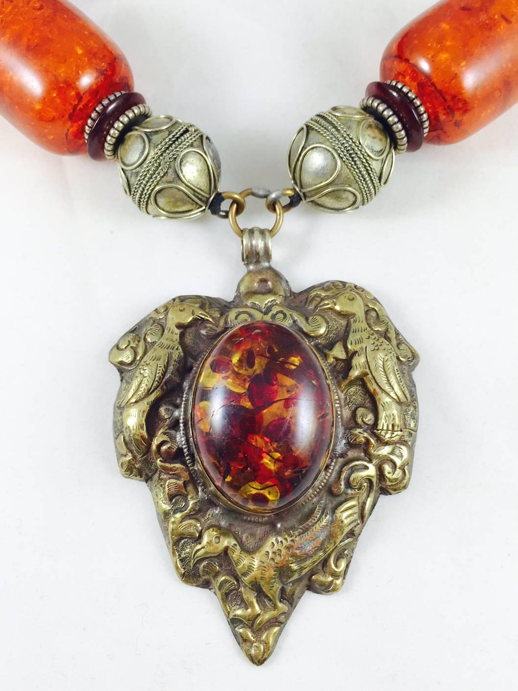 Magnificent Masha Archer Barrel Bead Necklace With Amber Heart Drop For