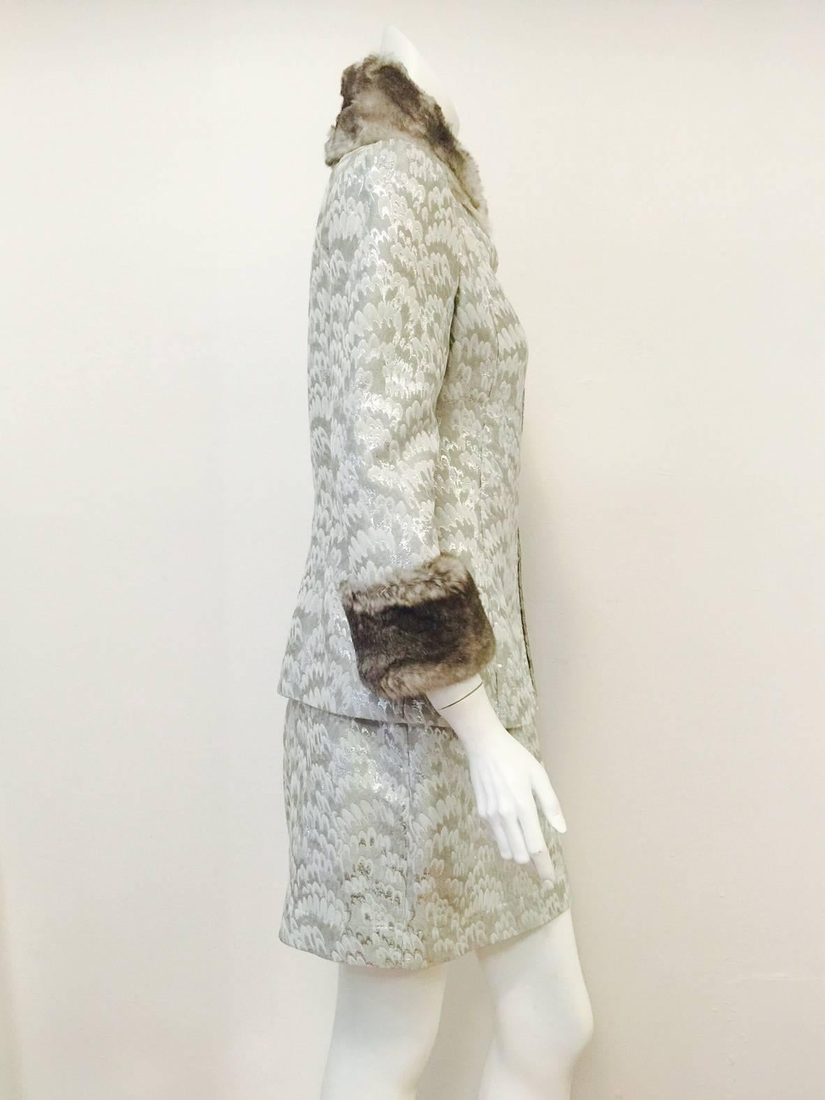 Women's Dolce & Gabbana Rabbit Trimmed  Platinum Metallic Brocade Skirt Suit