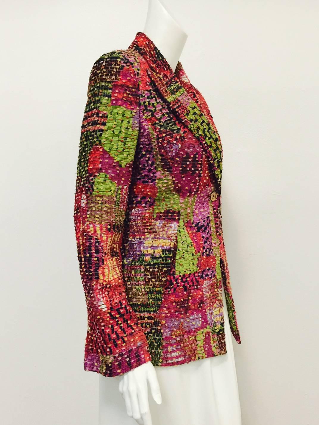 Bazar de Christian Lacroix jacket illustrates this designer's love of color, print, luxurious fabrics and.. couture!  When Lacroix opened his Haute Couture house in 1987, he quickly became known for exuberant designs and an 
