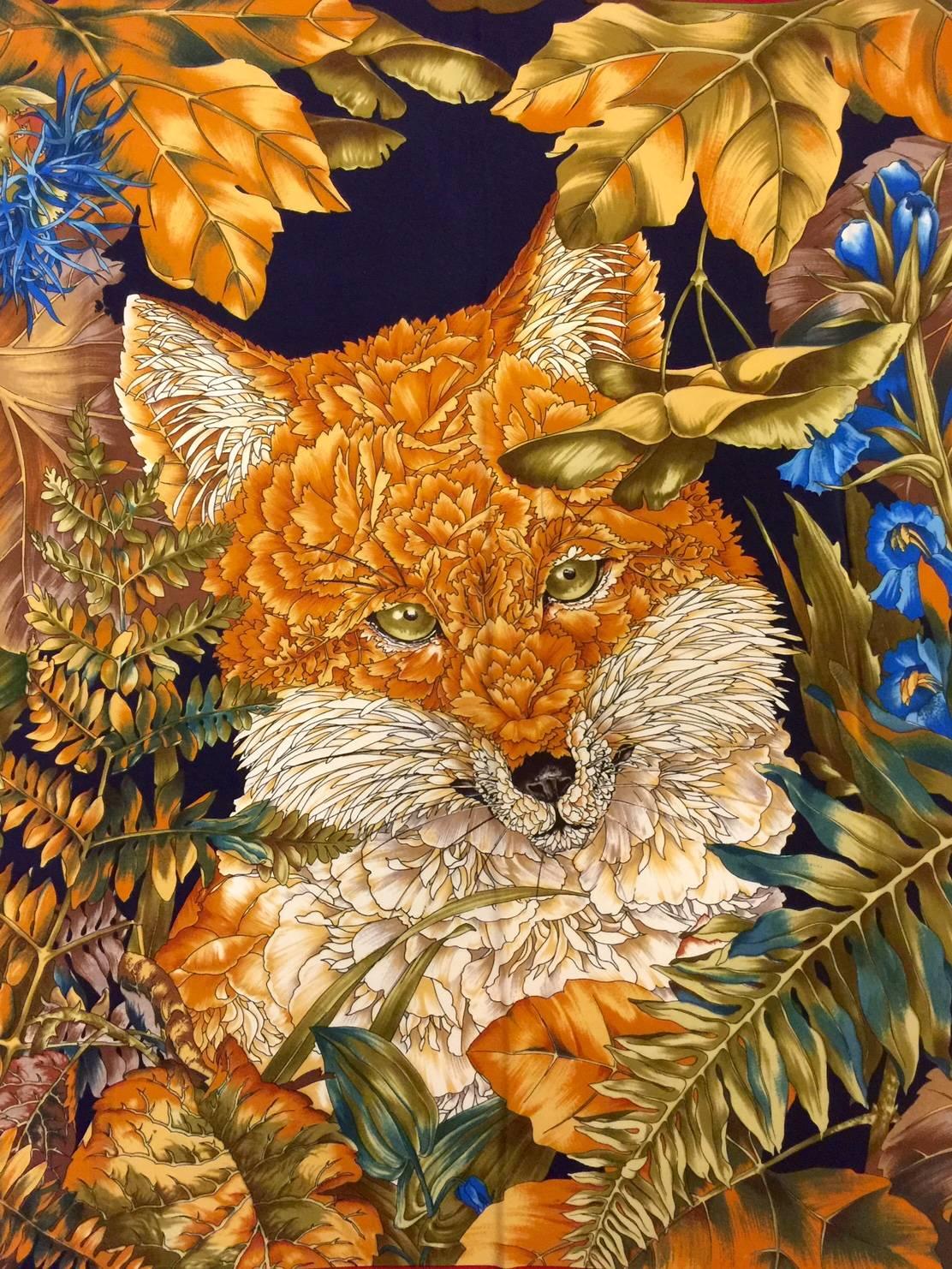 100% Silk Twill Scarf is typical Salvatore Ferragamo...unusual and Exuberant! A warm red border surrounds an scene featuring a sly fox crafted from a lush paradise of exotic flora and foliage!  Must be seen to be believed.  Highly collectible and