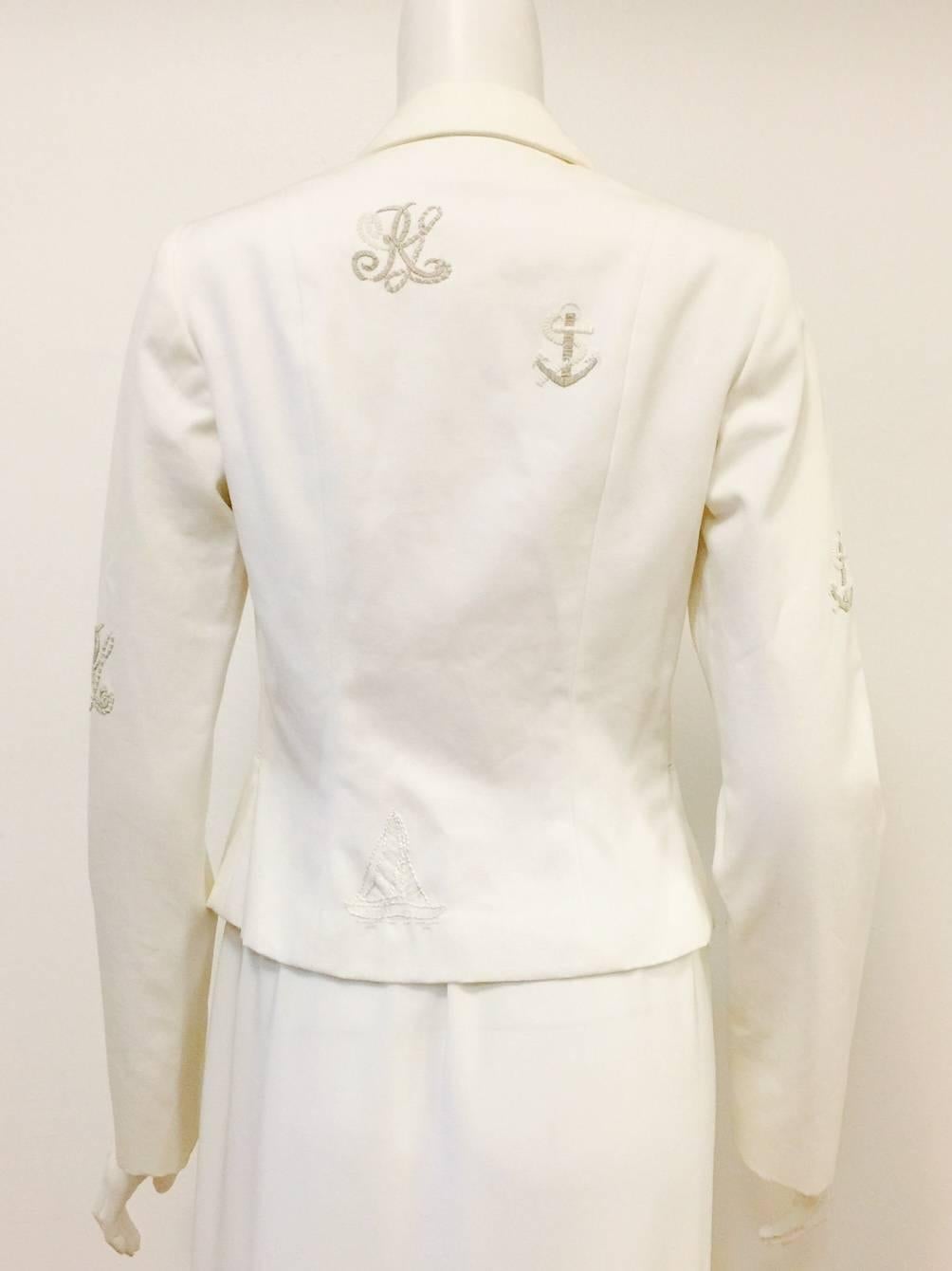 Beige Ralph Lauren Fitted White Cotton Jacket With Nautical Themed Embroidery For Sale