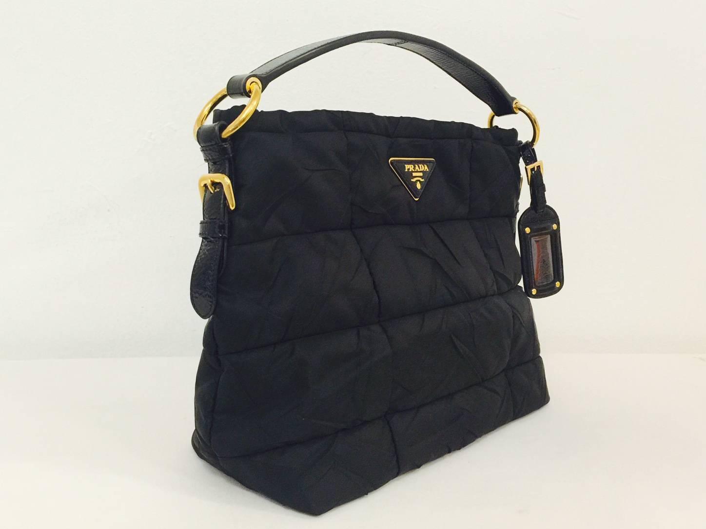 Prada Black Quilted Nylon Handbag With Patent Leather Handle and ...