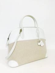 Hermes 2006 White Clemence Leather and Toile Bolide 34 Above Excellent to New