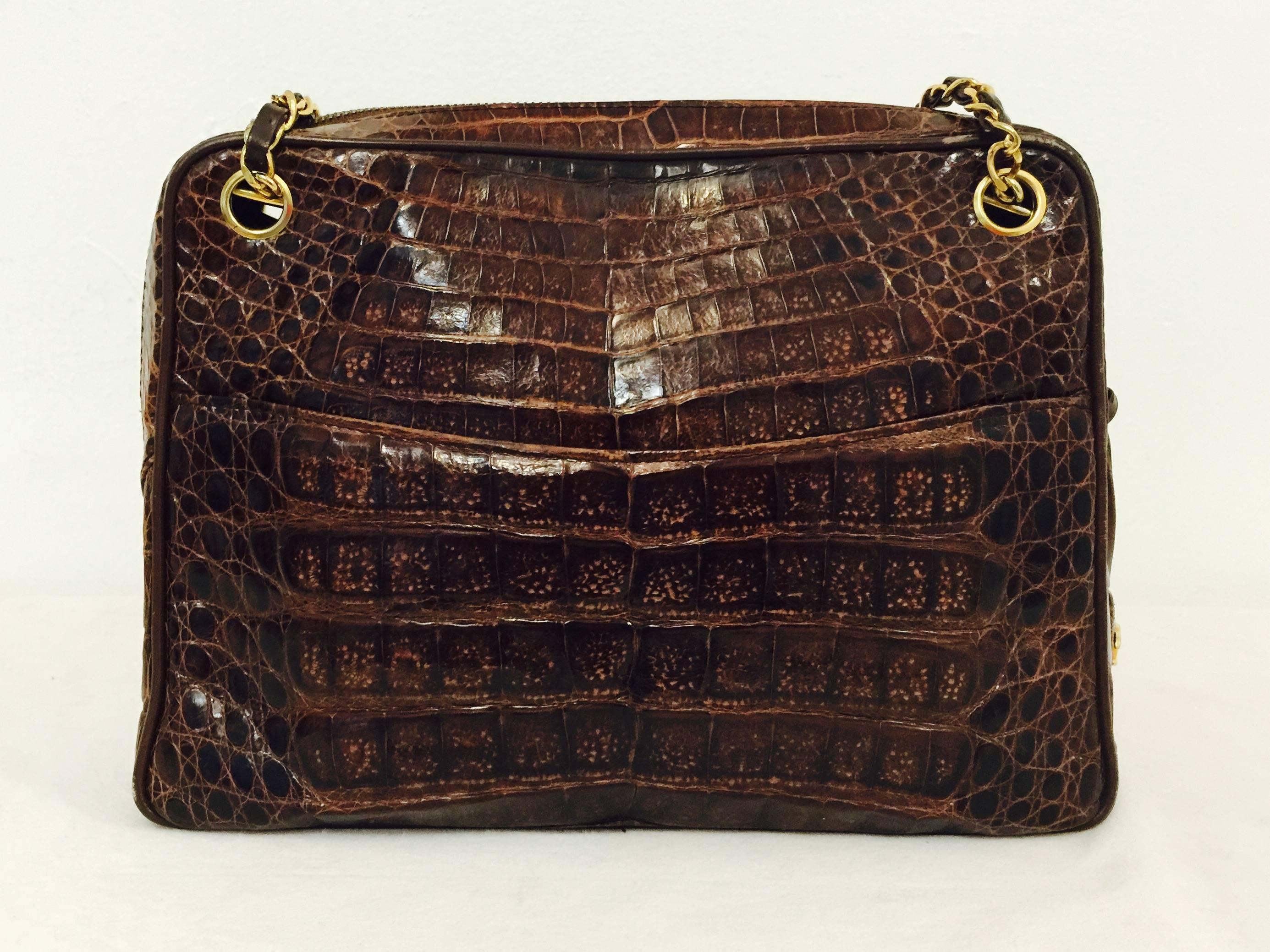 Vintage 1980s New Chanel Brown Crocodile Camera Bag Serial Number 0430072 In New Condition In Palm Beach, FL