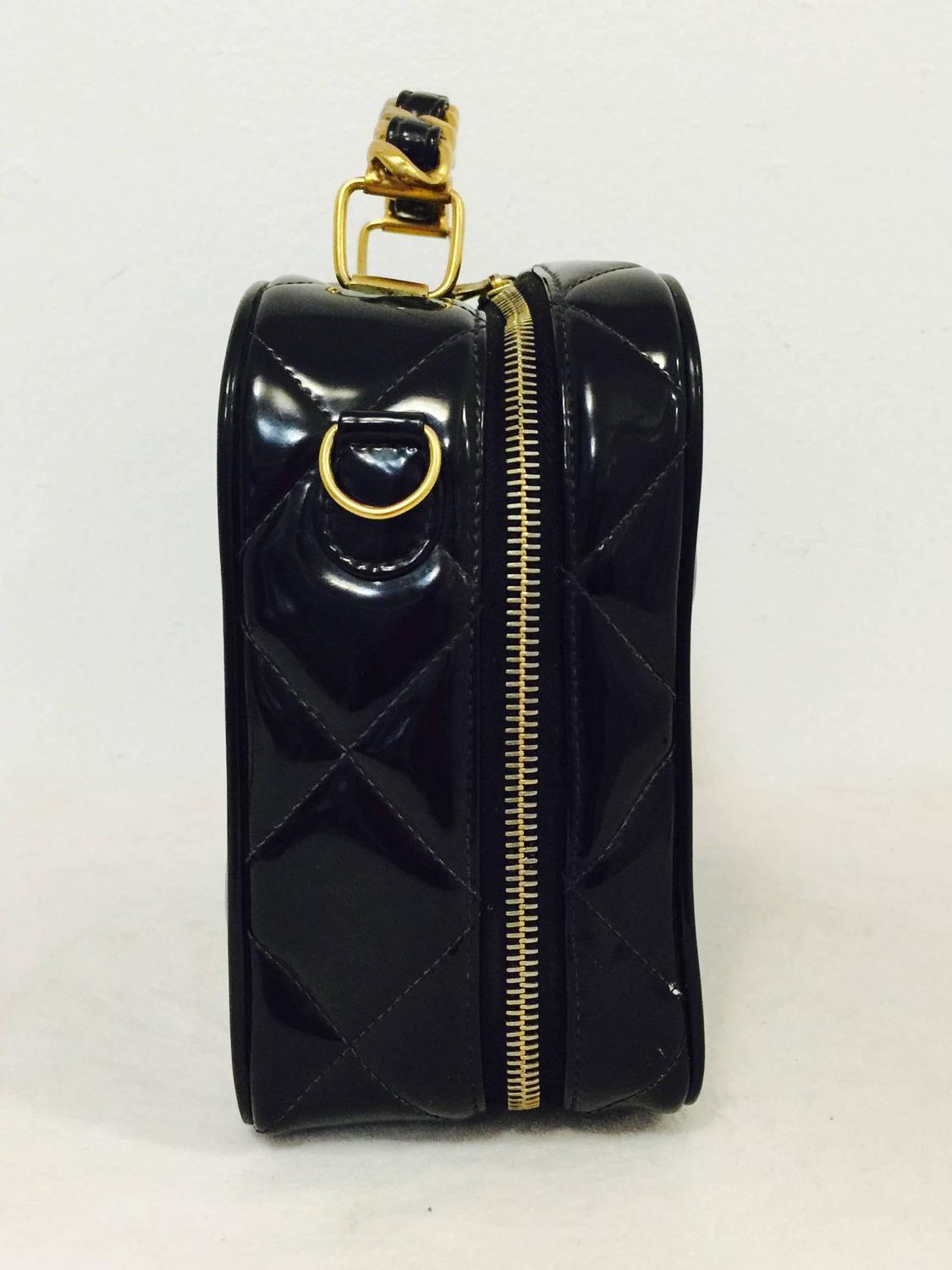 1990s Chanel Black Patent Leather Camera Bag W Chain Handle/Strap