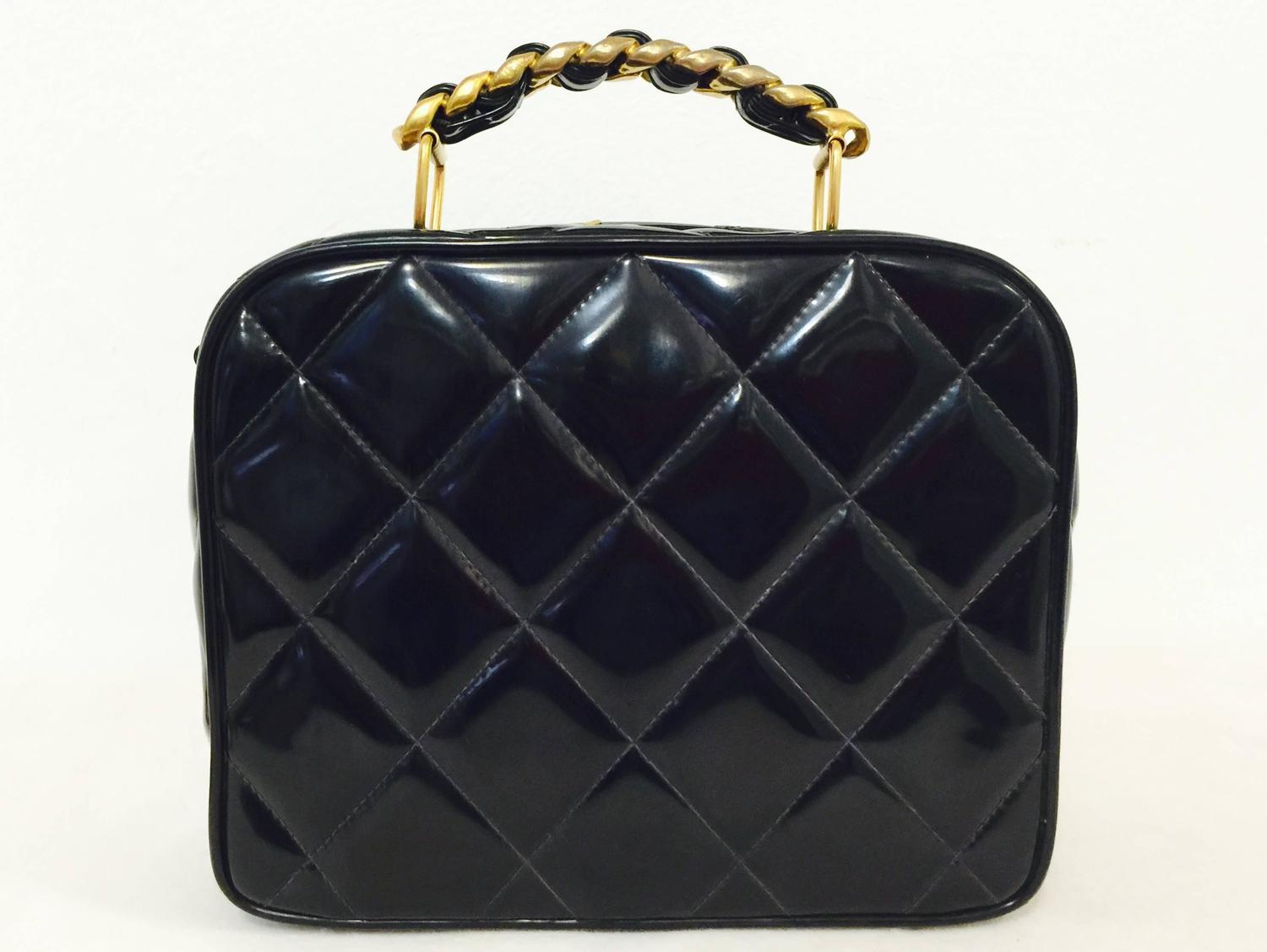 1990s Chanel Black Patent Leather Camera Bag W Chain Handle/Strap