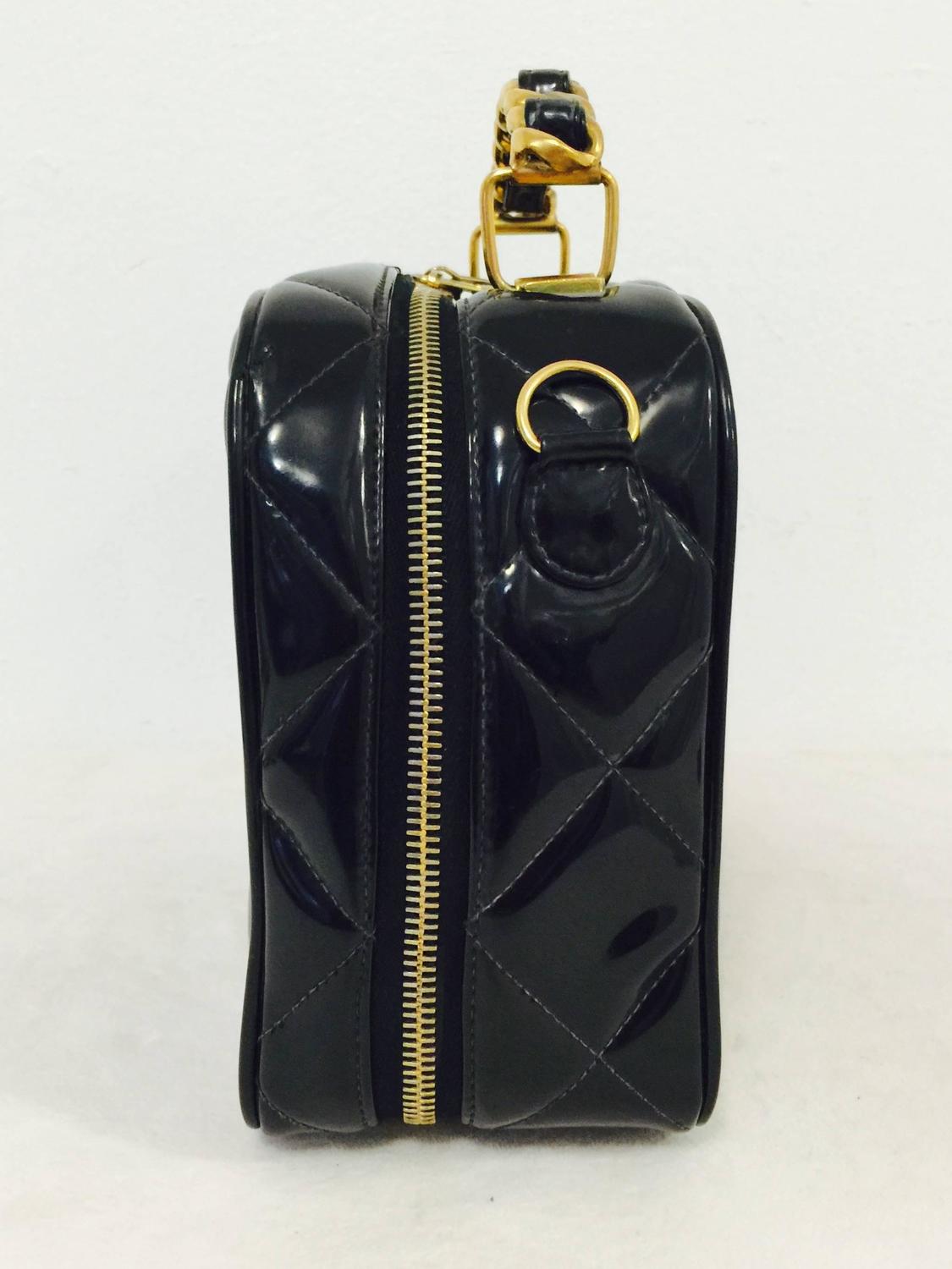 1990s Chanel Black Patent Leather Camera Bag W Chain Handle/Strap