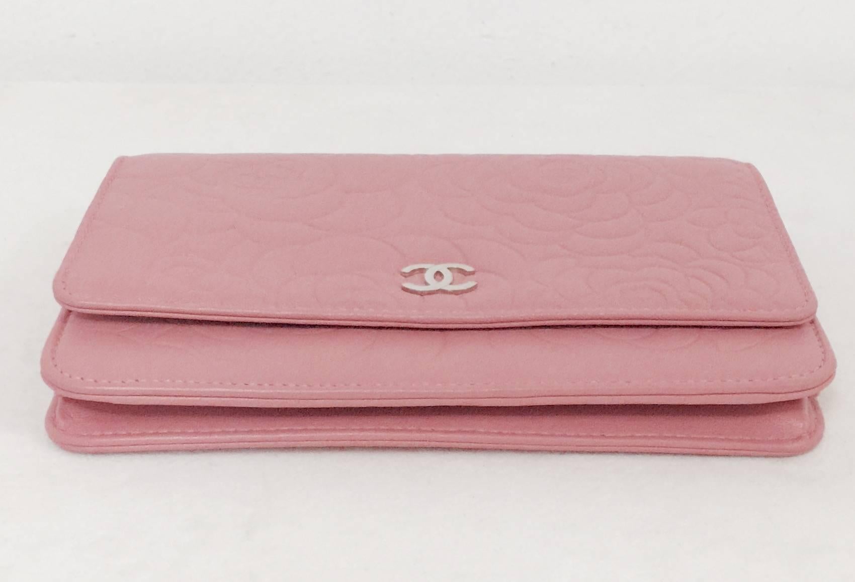 Women's NEW Chanel Pink Camellia Embossed Lambskin Wallet/Chain Bag Serial 1480062