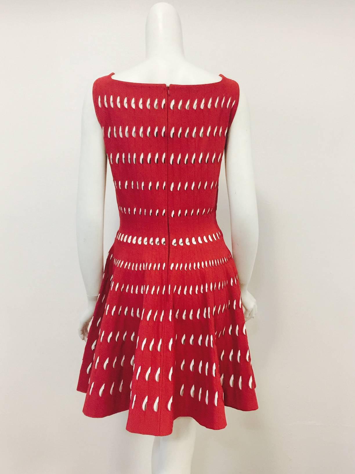 Azzedine Alaia Red & White Stretch Sleeveless Dress W Architectural Cutouts In Excellent Condition For Sale In Palm Beach, FL