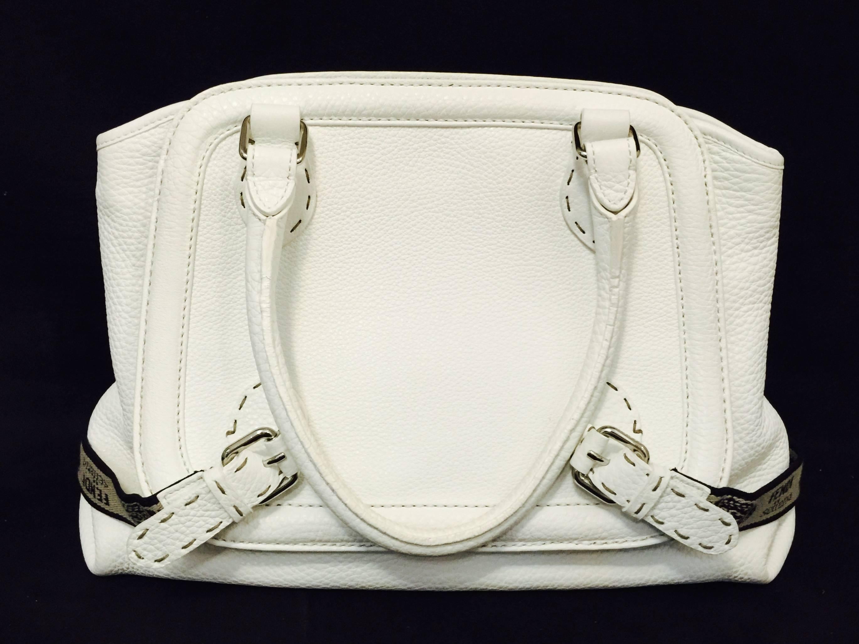 Beige Fendi Selleria White Grained Leather Satchel With Staps 