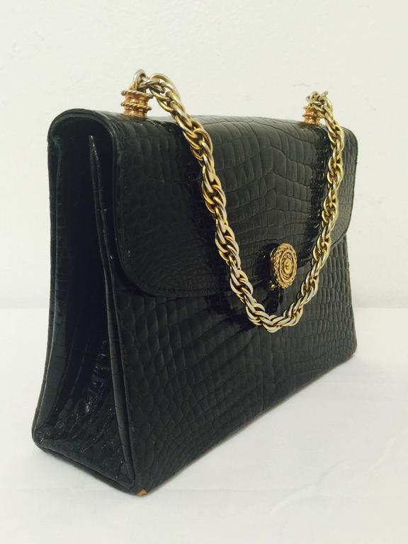 Vintage Gucci Black Baby Crocodile Hand Bag With Antique Gold Hardware ...