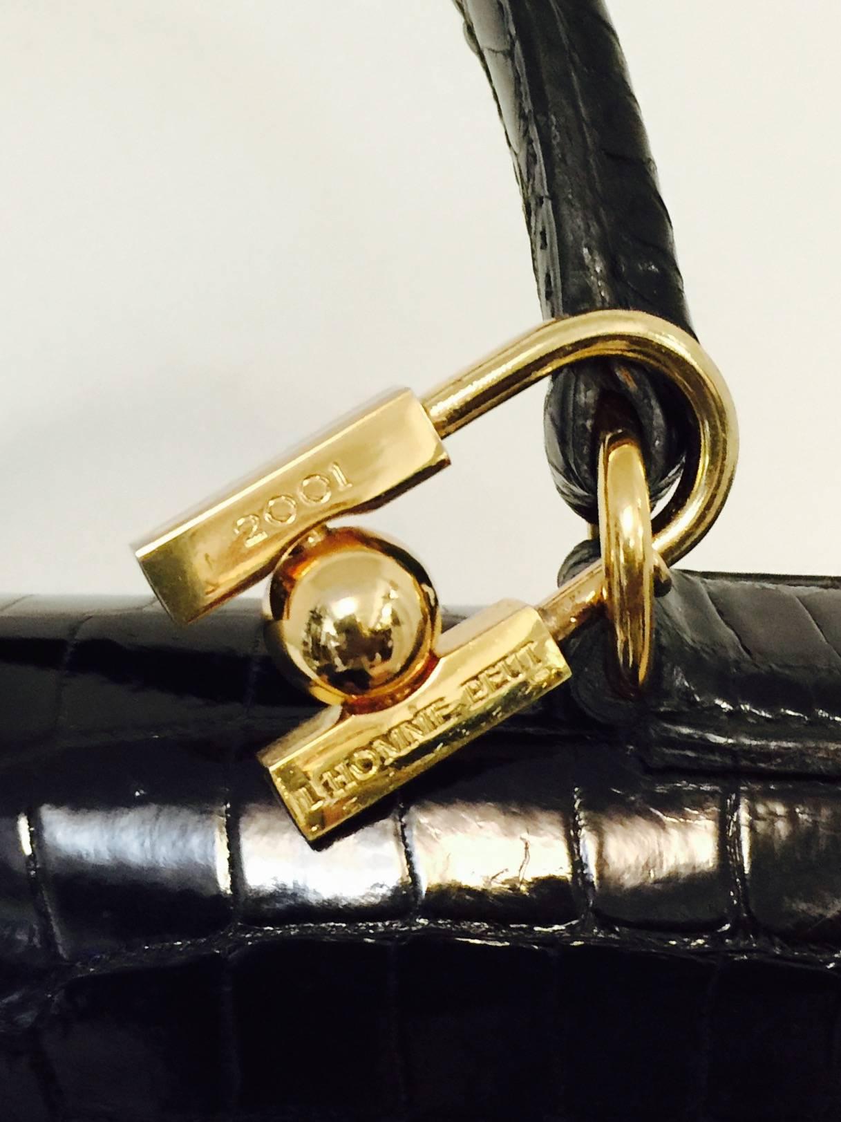 Women's Hermes Black Shiny Crocodile Kelly 35 GHW Above Excellent Condition w. Cadena