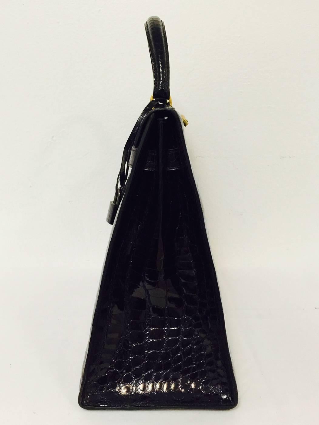 Hermes Black Shiny Crocodile Kelly 35 GHW Above Excellent Condition w. Cadena 1