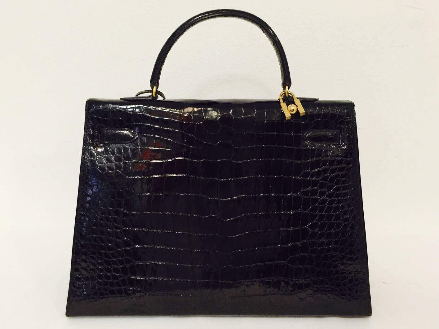 Hermes Black Shiny Crocodile Kelly 35 GHW Above Excellent Condition w. Cadena In Excellent Condition In Palm Beach, FL