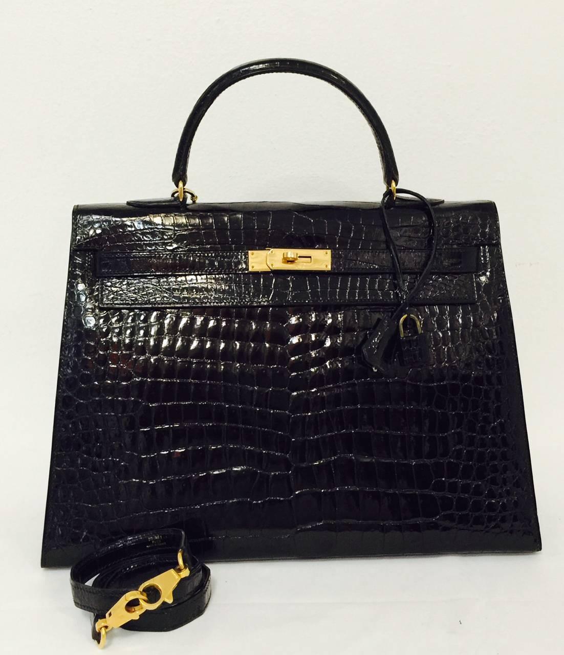 Hermes Black Shiny Crocodile Kelly 35 GHW Above Excellent Condition w. Cadena 5