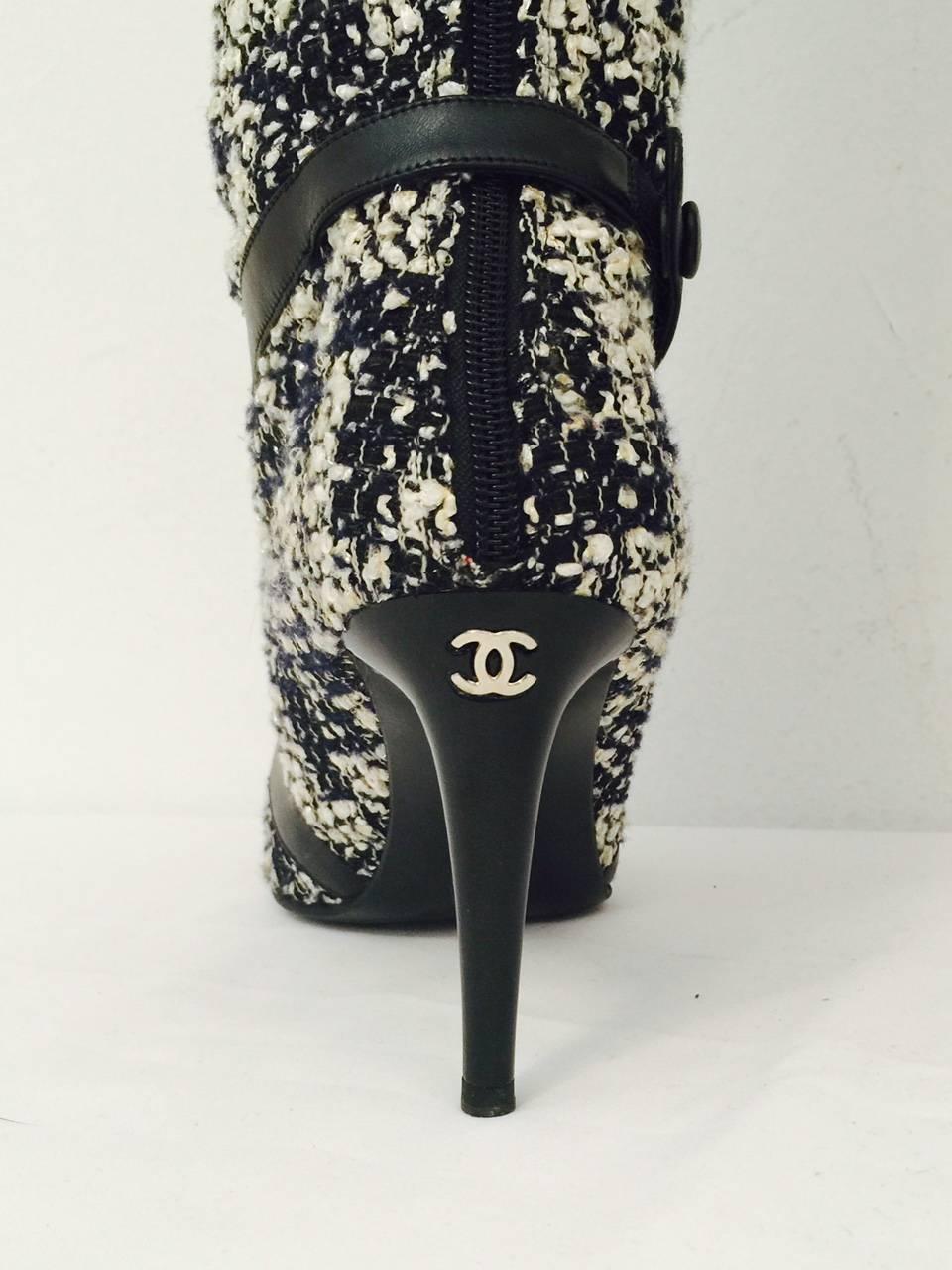 Chanel Black and White Tweed High Heel Tall Boots W. Black Leather Cap Toes  In Excellent Condition In Palm Beach, FL