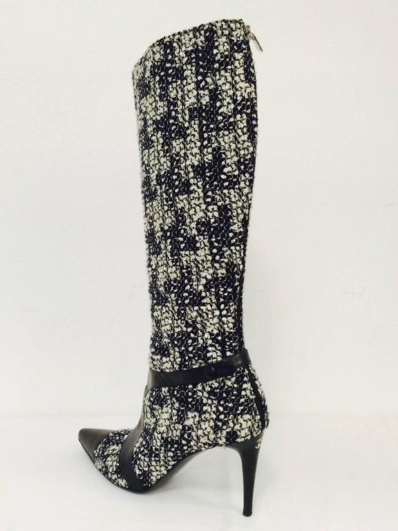 Chanel Black and White Tweed High Heel Tall Boots W. Black Leather Cap ...