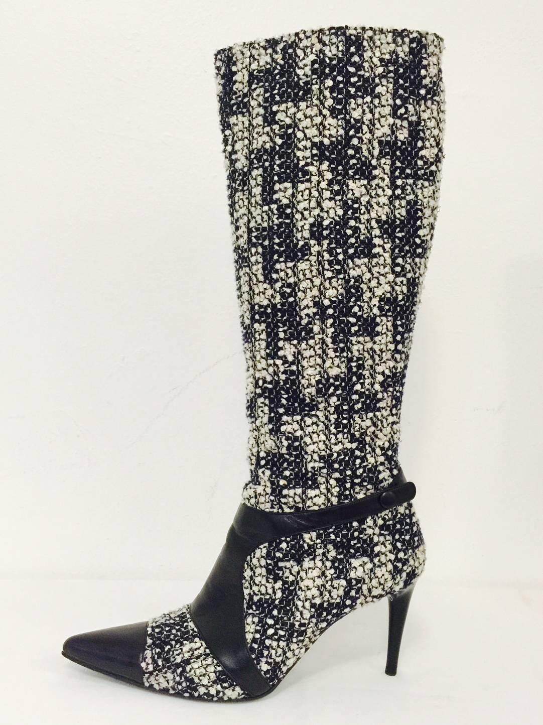 One needs to see these Black and White Tweed High Heel Tall Boots to believe them!   Features include pointed cap toes, leather, ankle straps and 3.5