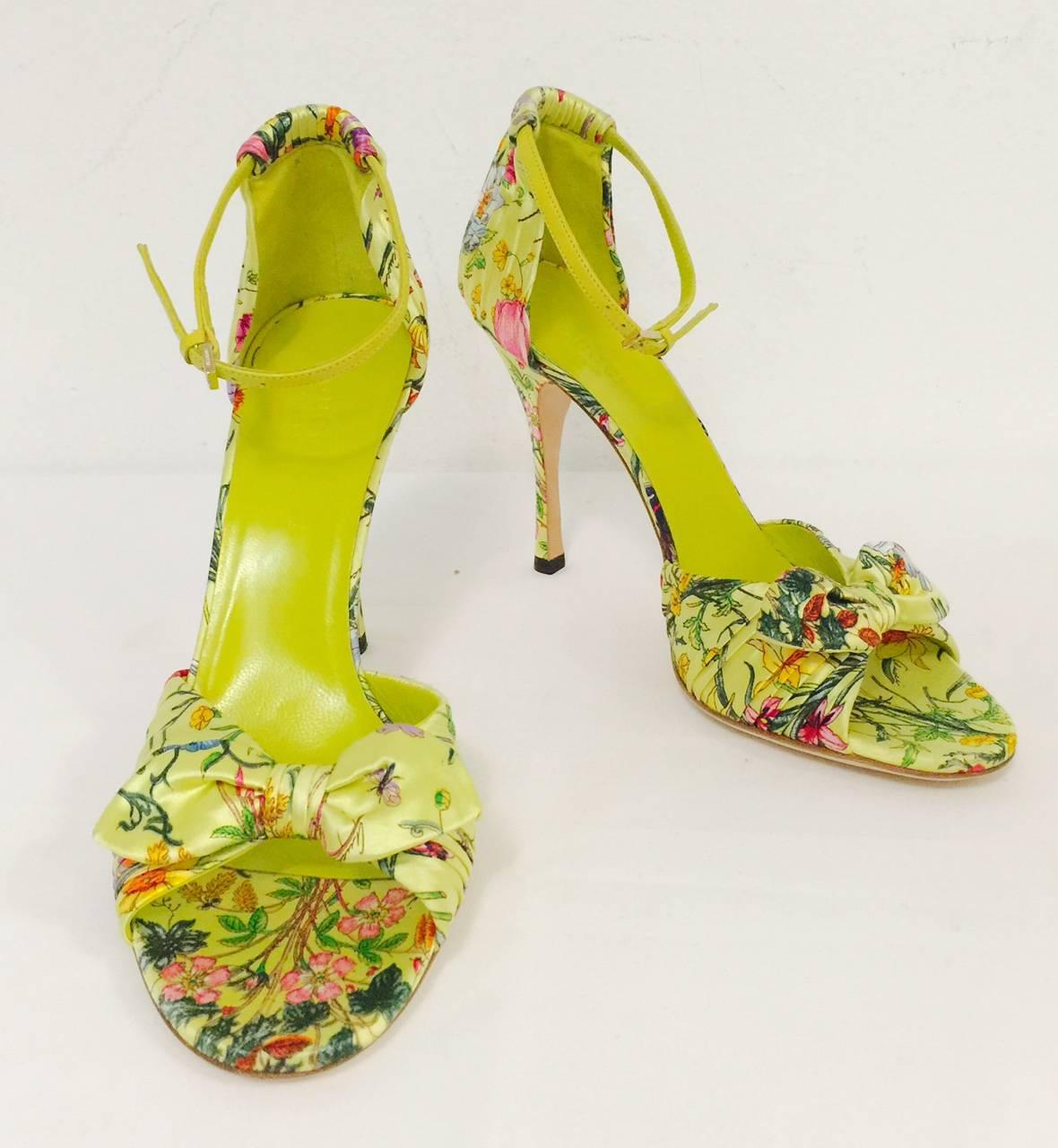 Gucci Green Satin Floral Print High Heel Sandals are Above Excellent to New!  Features an undeniably alluring floral print all over in ultra-luxurious satin (including heels!) in shades of glorious green from chartreuse to Spanish olive to leaf. 