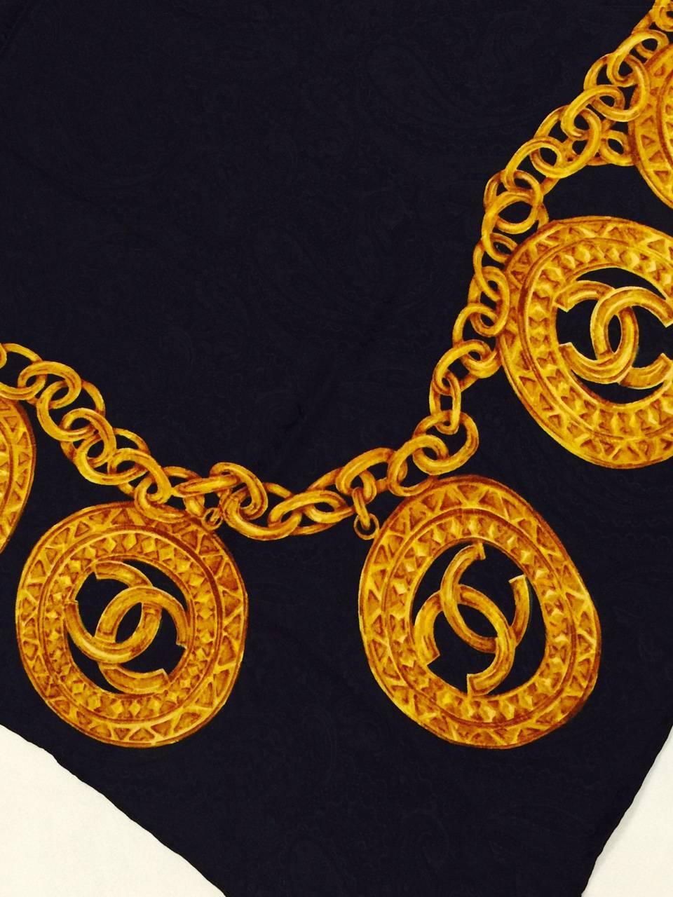 Chanel Black Paisley Silk Jacquard Scarf W Gold Chain & Double C Medallions In Excellent Condition In Palm Beach, FL