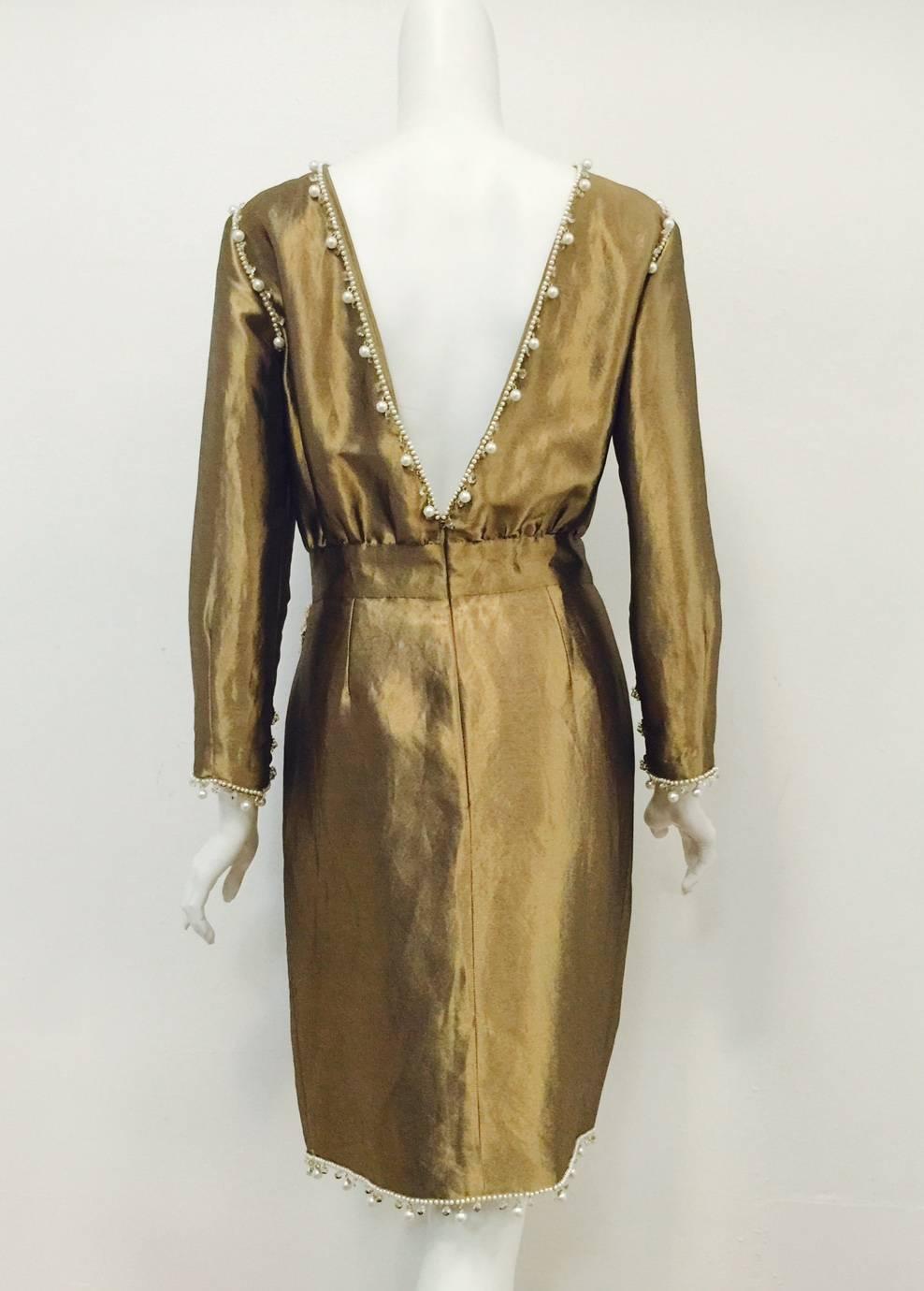 Brown Chanel Antique Gold Metal & Silk Cocktail Dress With Faux Pearls and Crystals For Sale