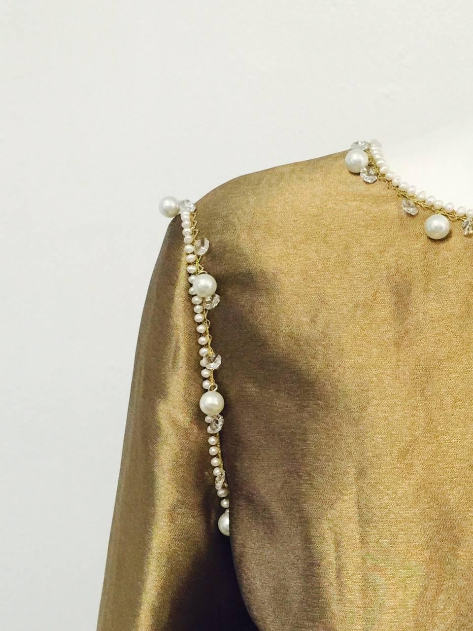 Chanel Antique Gold Metal & Silk Cocktail Dress With Faux Pearls and Crystals For Sale 3