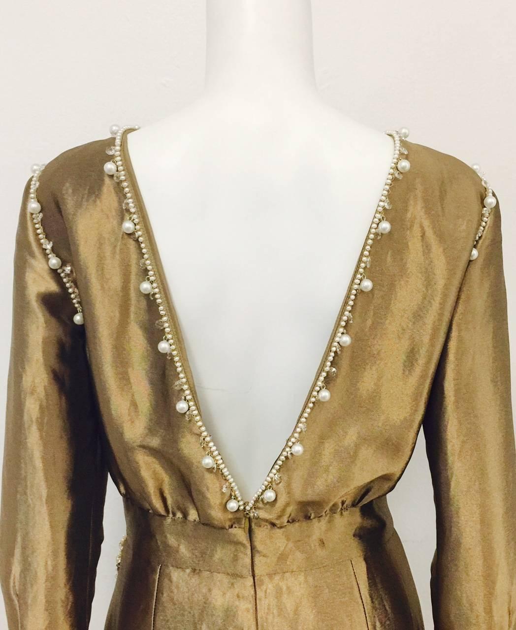 Chanel Antique Gold Metal & Silk Cocktail Dress With Faux Pearls and Crystals For Sale 1
