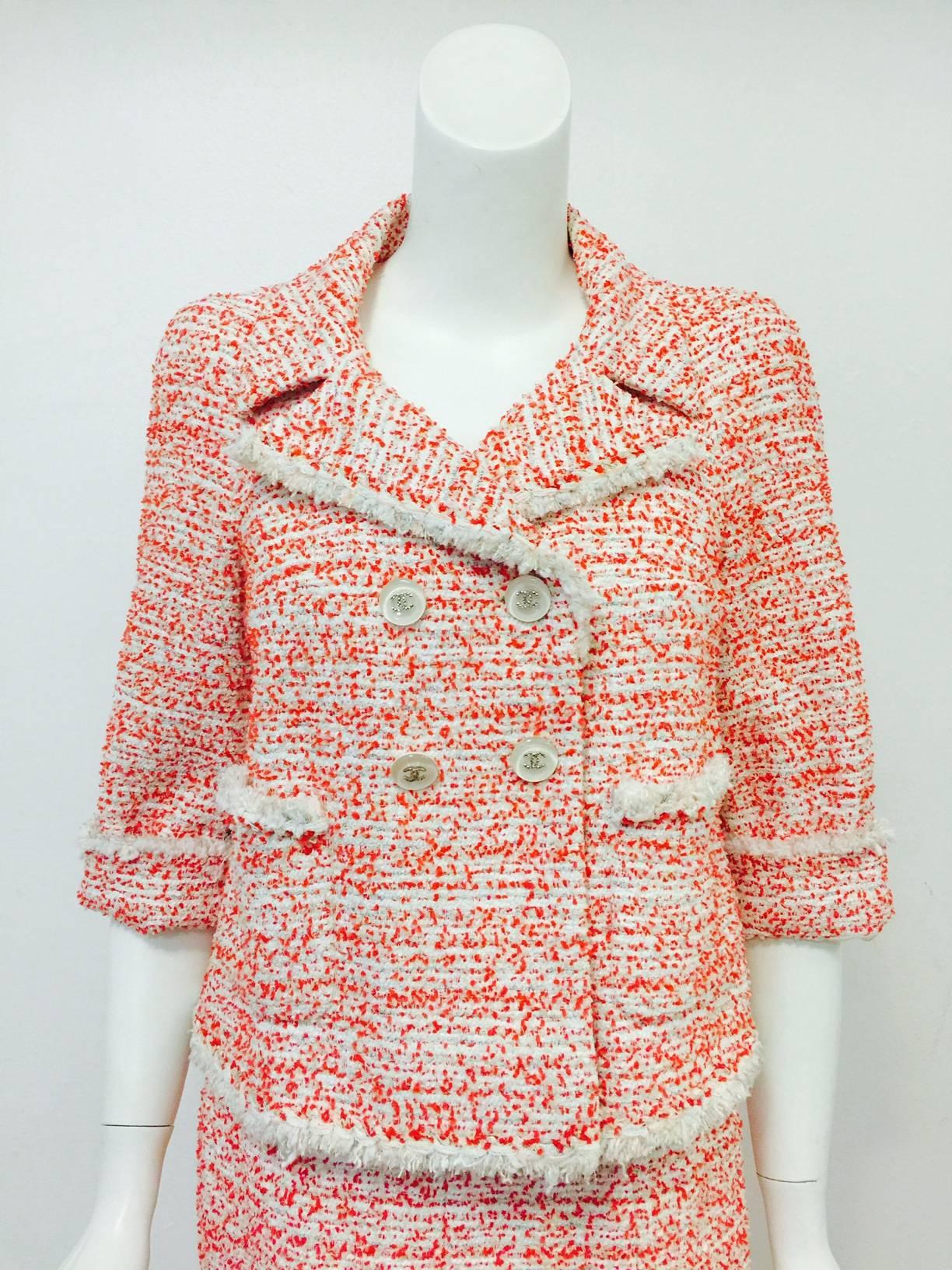 Orange Chanel Double Breasted Paprika Red, Ivory and Tan Tweed Skirt Suit  For Sale