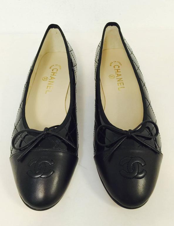 Chanel Black Patent Leather Diamond Quilted Ballerina Flats W