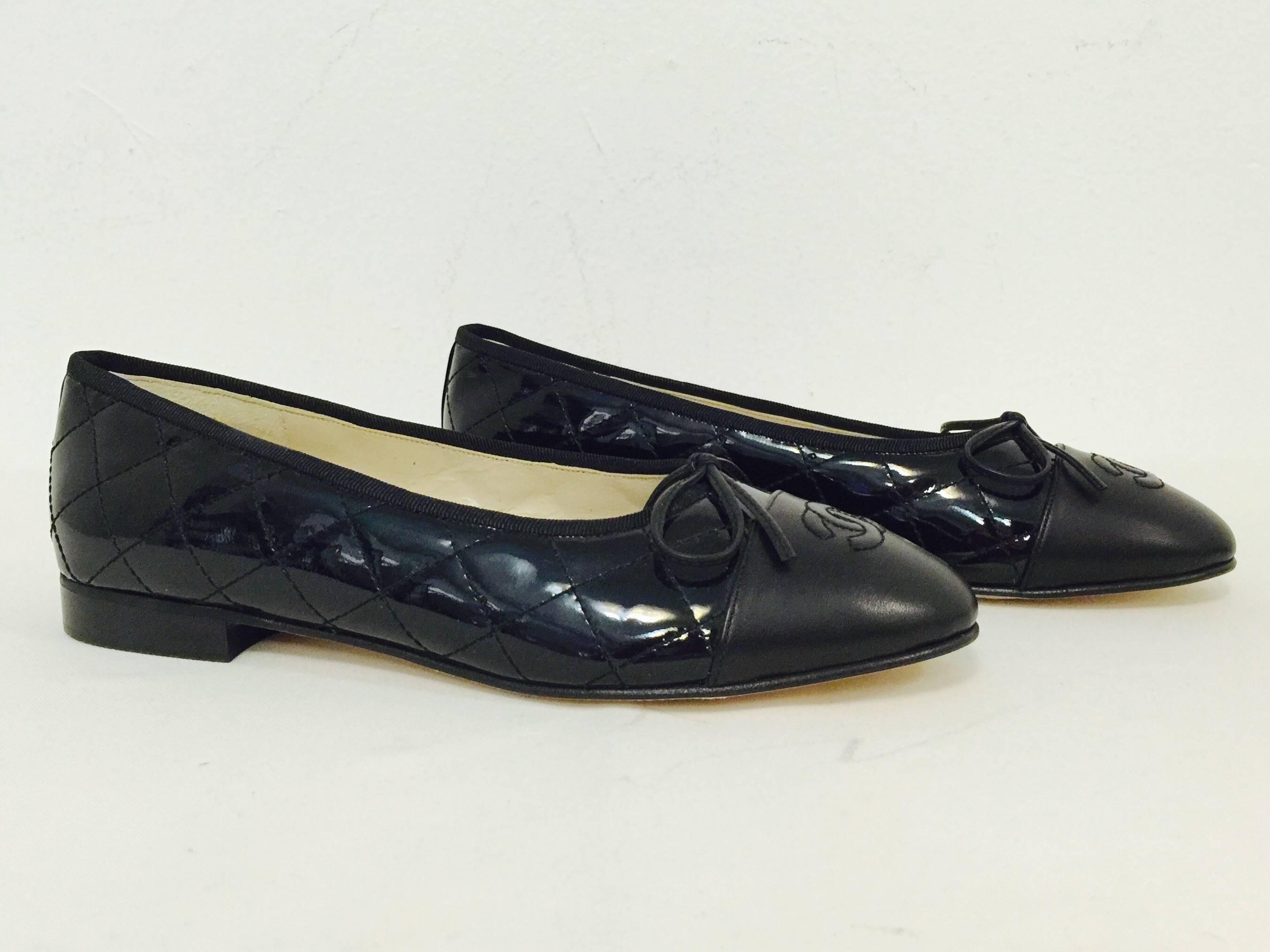 Chanel Black Patent Leather Diamond Quilted Ballerina Flats W Black Cap ...