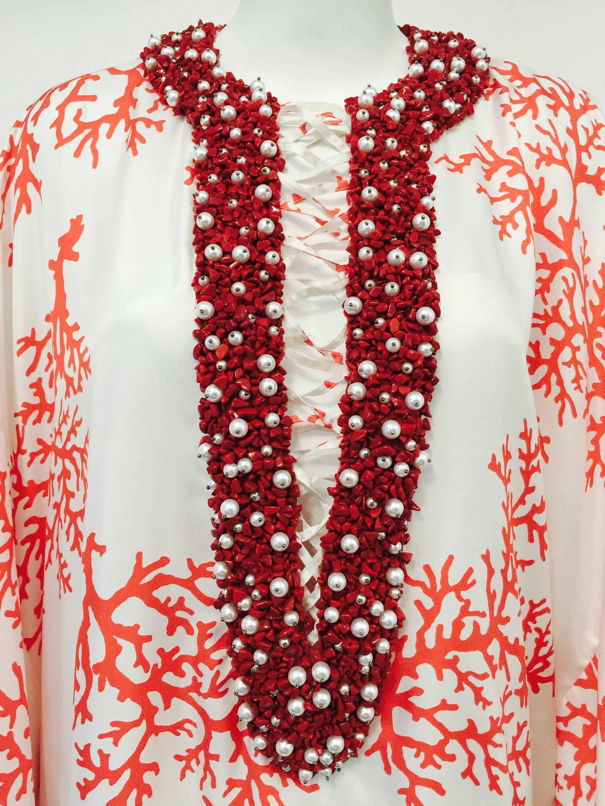 Ultra Luxurious Andrew GN Silk Caftan With Coral Encrusted Neckline In Excellent Condition In Palm Beach, FL
