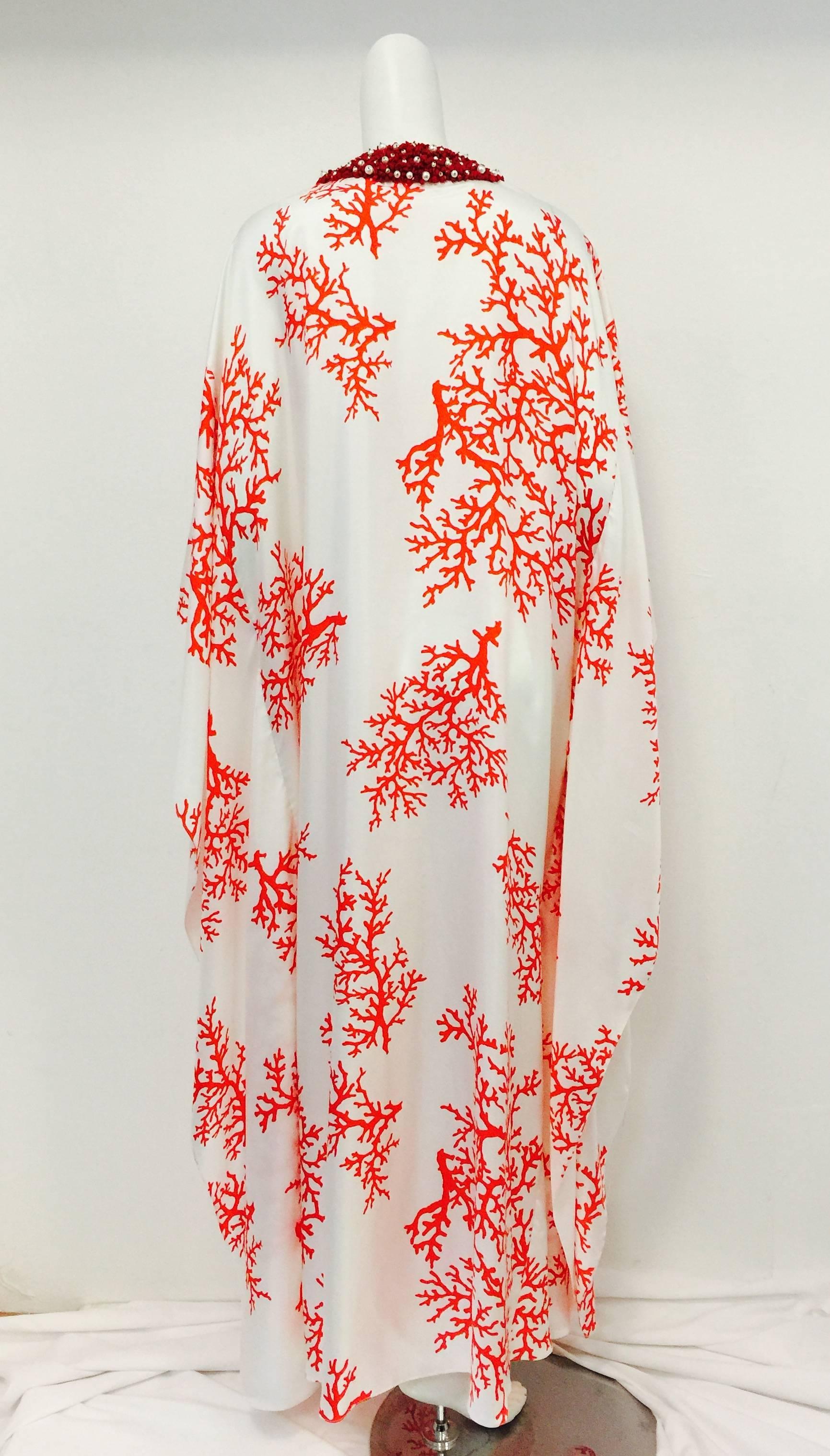 Beige Ultra Luxurious Andrew GN Silk Caftan With Coral Encrusted Neckline