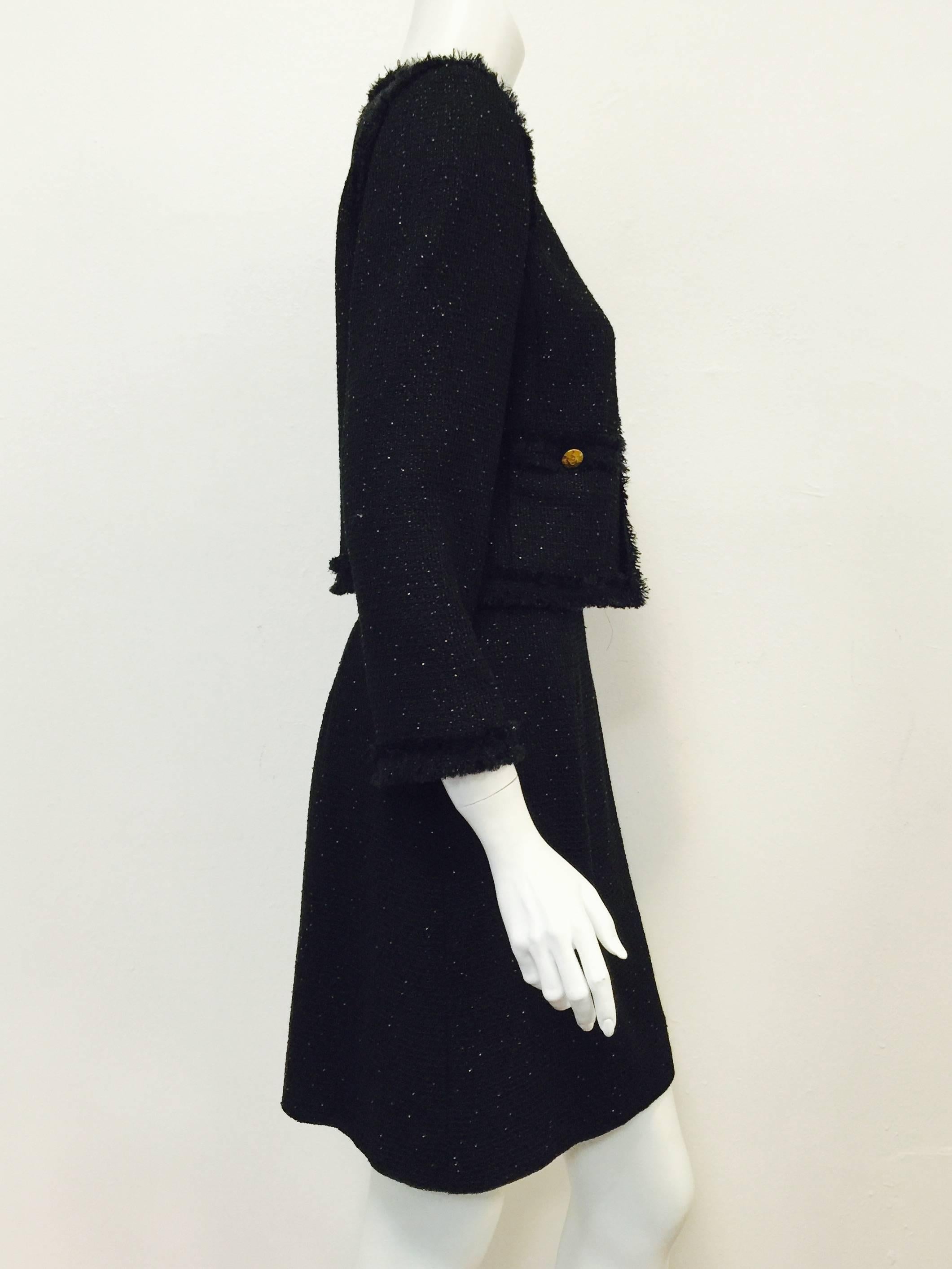 Women's Chanel Black Wool Blend Waffle Weave Skirt Suit With Metallic Bead Embroidery For Sale