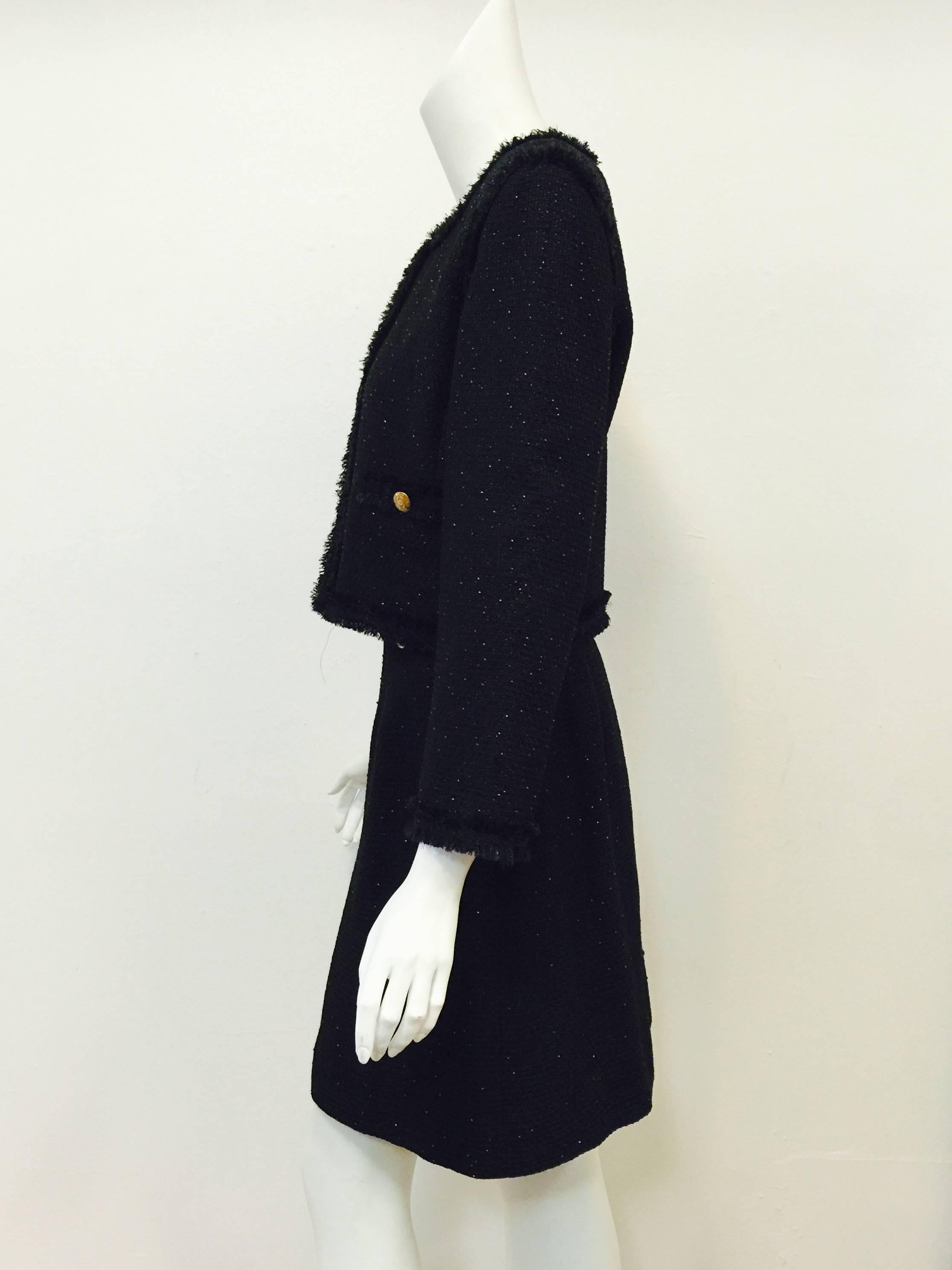 Chanel Black Wool Blend Waffle Weave Skirt Suit With Metallic Bead Embroidery For Sale 1